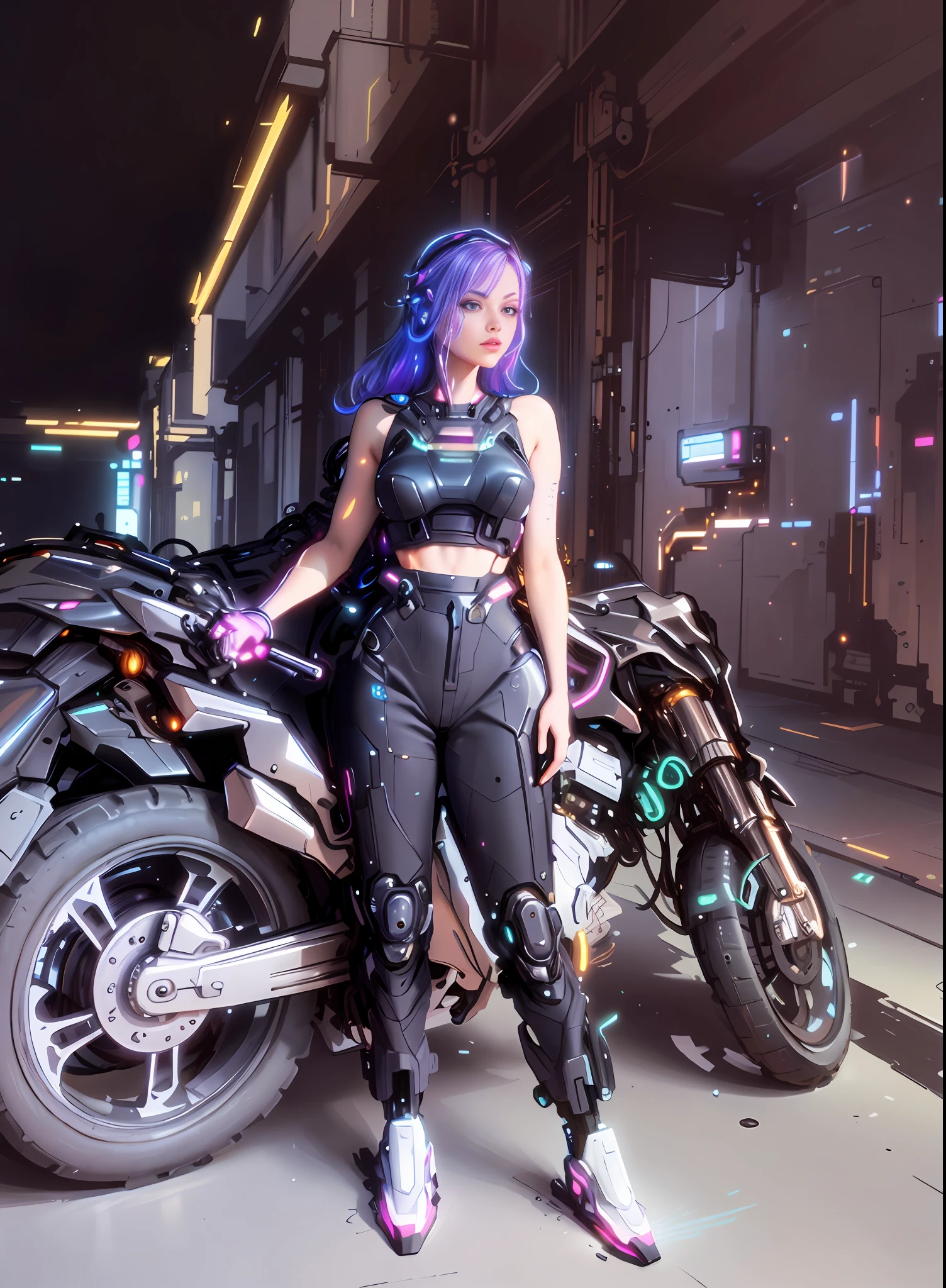 half portrait, Best quality, masterpiece, ultra high res, (photo realistic:1.4), surrealism, dream-like, metallic  luster, ((futurism))
1 girl, mechanical prosthesis,mech coverage,fluorescent mech armor, 
neon lighting,(vibrant glow:1.2),dynamic colors,striking contrast,futuristic vibe,electric energy,reflective surfaces,
CyberpunkAI, neon,  Deep Space Background