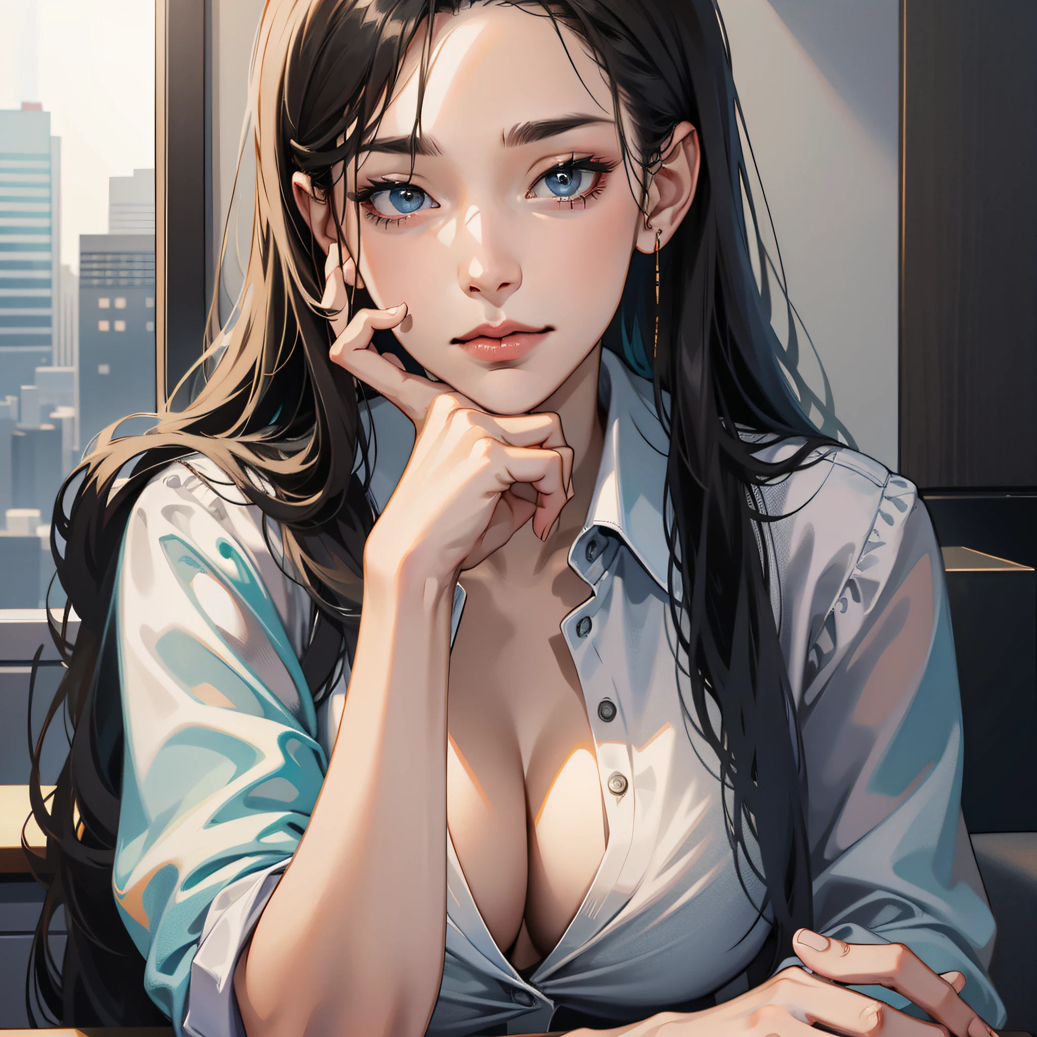 Beauty, black suit, hand on chin, office scene, bust