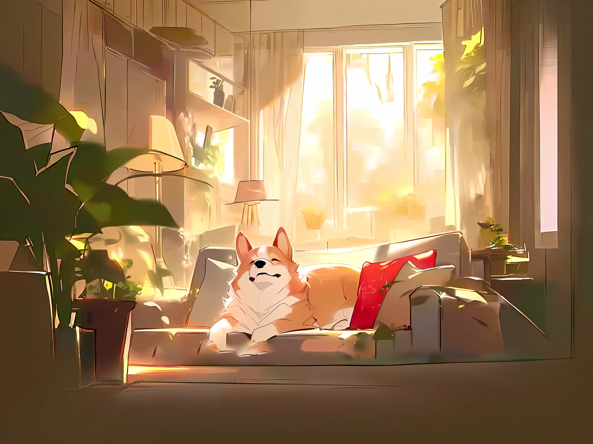 anime - style illustration of a dog sitting on a couch in a living room, relaxing concept art, cute corgi, lofi artstyle, cozy wallpaper, lofi art, corgi with [ angelic wings ]!!, afternoon hangout, lofi, lots of sunlight, today's featured anime still, relaxing after a hard day, by Yang J