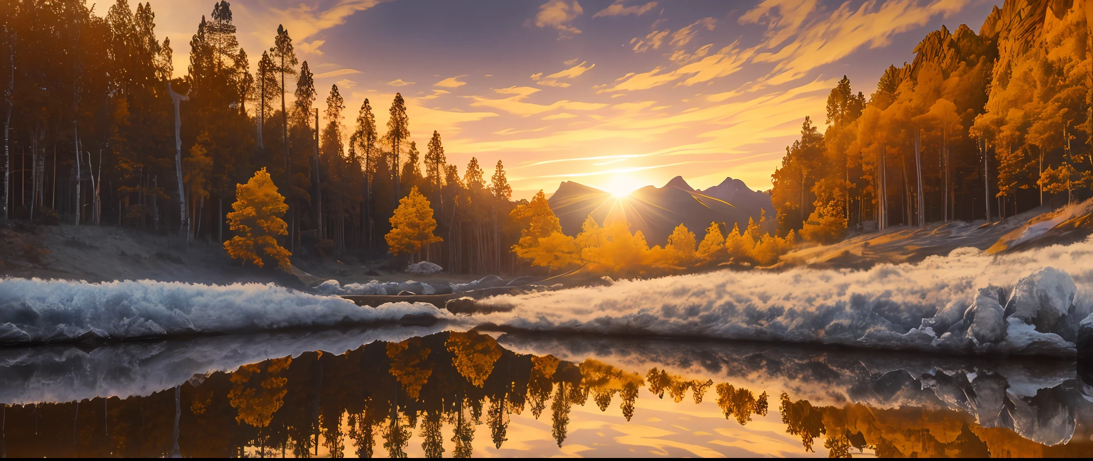 Realistic photo, forest, maximum detail, panorama, 8K photo, wide angle lens, sunset, focus, lens reflection, pigmentation, (reflected light) (brightness) (occlusion environment) (professional photography) (8K film) IMAX, Colored clouds, horizon