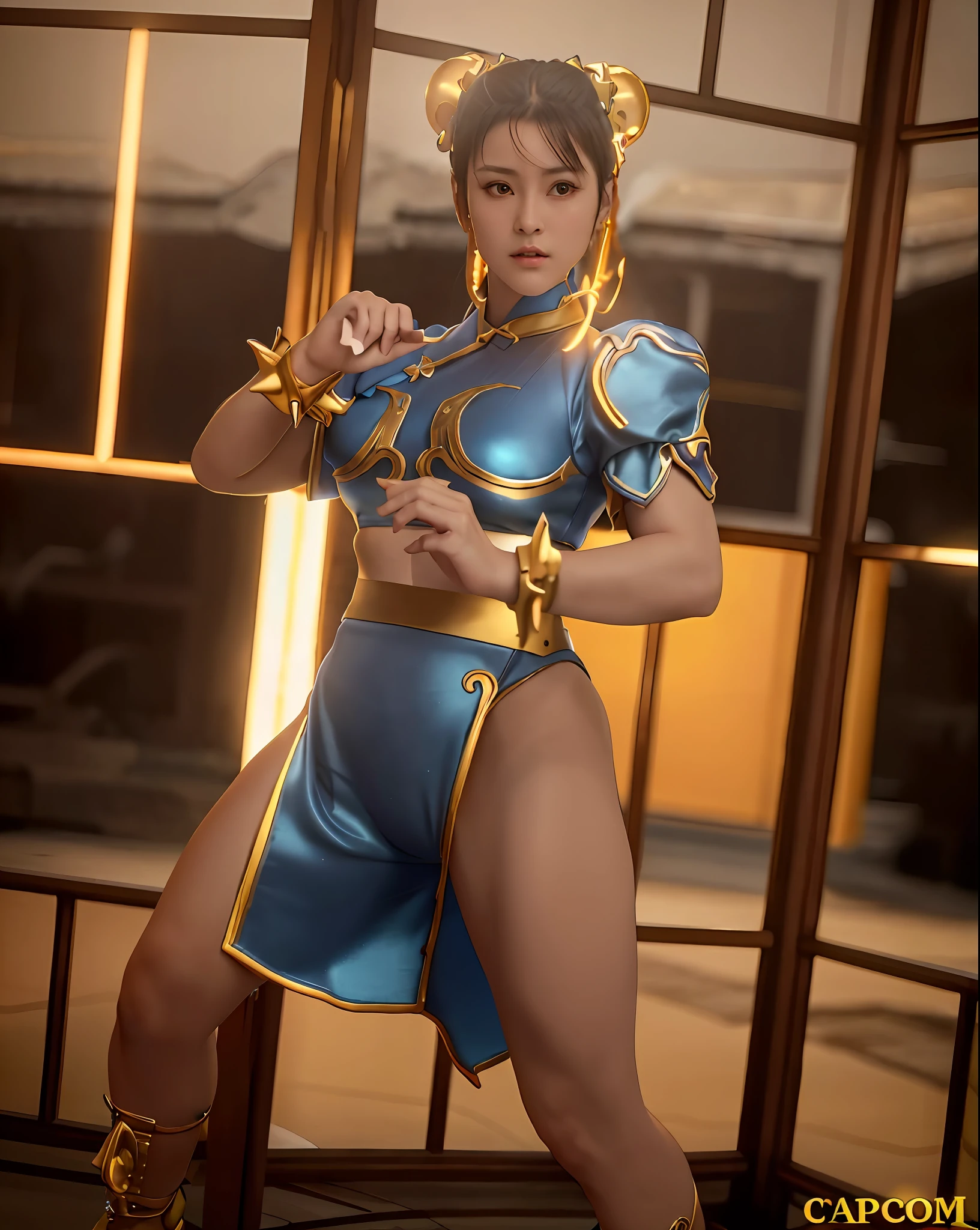 Cinematic poster. 8k, real image, intricate details, ultra-detailed, (photorealistic), (8k, RAW photo, best quality, masterpiece:1.2),(realistic, photorealistic:1.37).
(ChunLi:1.0), 1girl, solo, Chun-li wearing blue clothing, full body, with gold details glued all over the body with sparkle, (camel toes), Hot body, Hot girl, Athletic body, skin with sparkle, highly detailed, realistic. kinematic lighting.
In the background a cinematic ancient Chinese city with stone dragon statues.