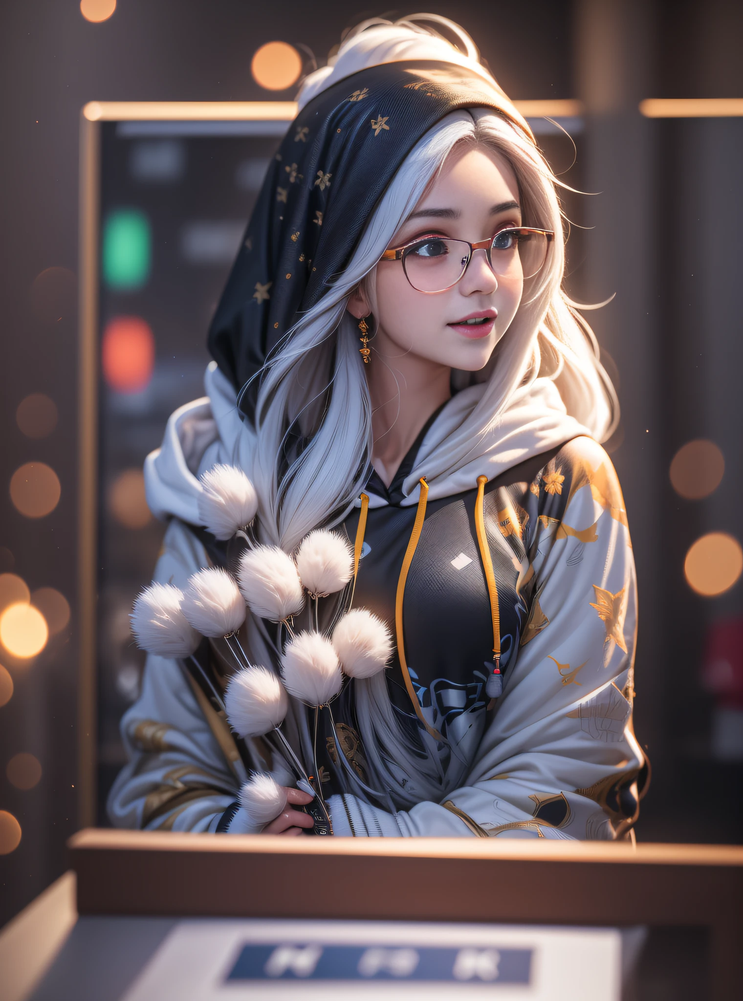(8k, RAW Photo, Best Quality, Masterpiece: 1.2), (Realistic, Photorealistic Real: 1.37), Best Quality, Ultra High Resolution, Photon Mapping, Radiosity, Physically Based Rendering, 1girl, ((Glasses)), ((Hoodie)), ((Sweatpants)), Naughty Face, Cute, (Laughs), (Happy), (Kpop Idol), (Aegyo Sal: 1), ((Puffy Eyes)), Looking at the Audience, Assuming, (Full Body), Room, Plump, Cityscape, Night, (Bokeh: 1.4), shot with Nikon D850, Nikon AF-S nikkor 58mm f/1.4G lens, by Laurence Demaison, (wink), (hair blown up by air)),1fox
