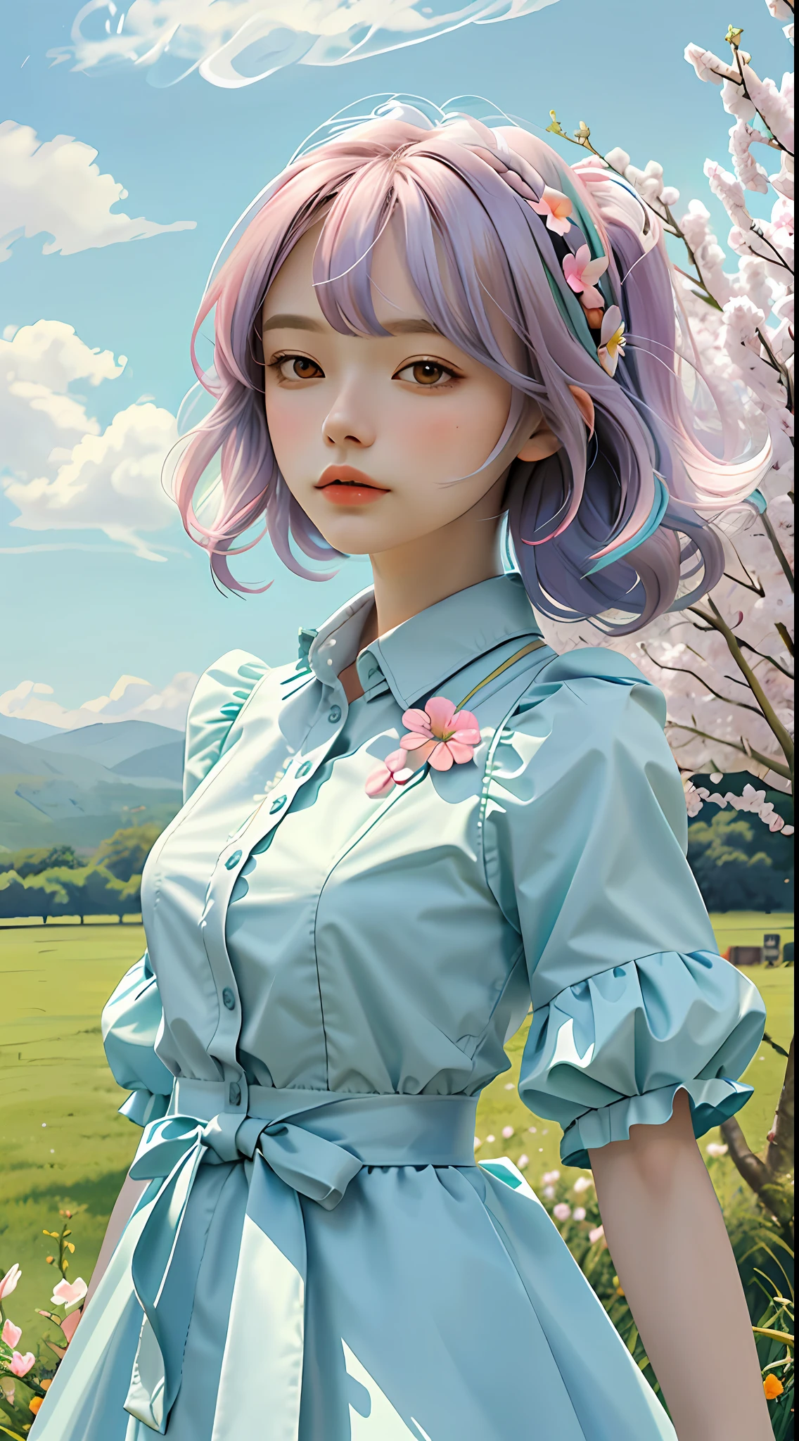 masterpiece, best quality, spring outfit, colorful hair, outdoor,cloud ,upper body,