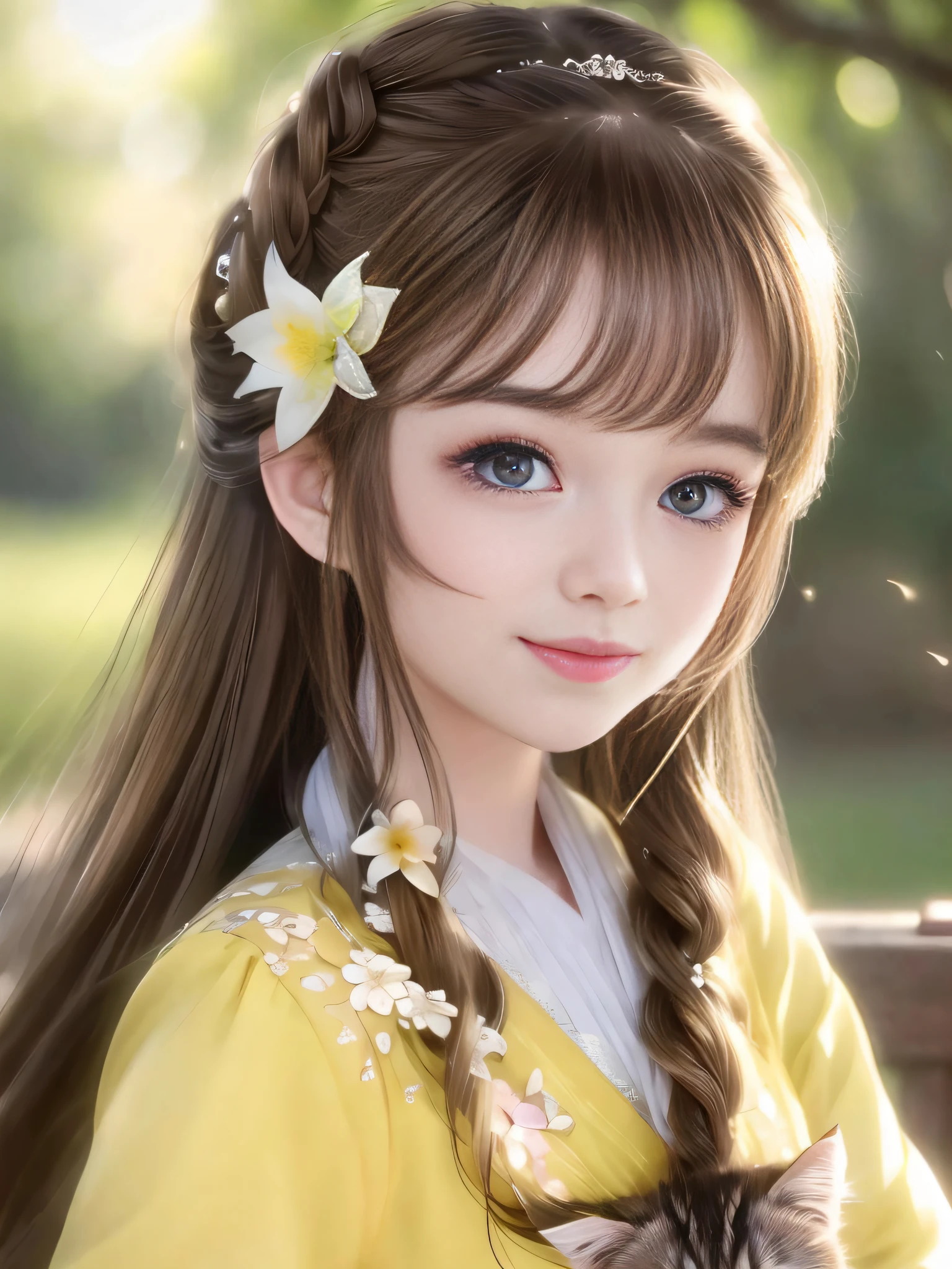 Close up of a girl with cat and flowers in her hair, beautiful anime girl, beautiful anime portrait, cute anime girl, beautiful anime girl, young anime girl, realistic young anime girl, cute anime girl portrait, cute nature anime face, cute anime girl portrait, long hair anime girl, realistic cute girl painting, beautiful anime face, guvez, blue-purple clothes