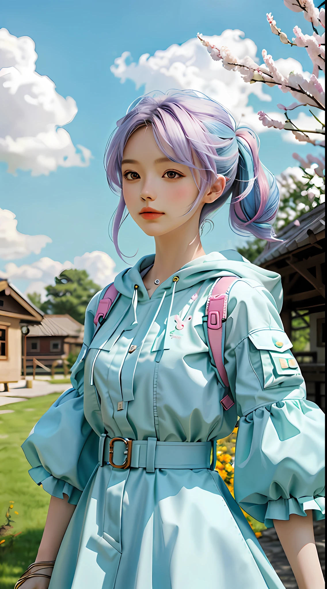 masterpiece, best quality, spring outfit, colorful hair, outdoor,cloud ,upper body,