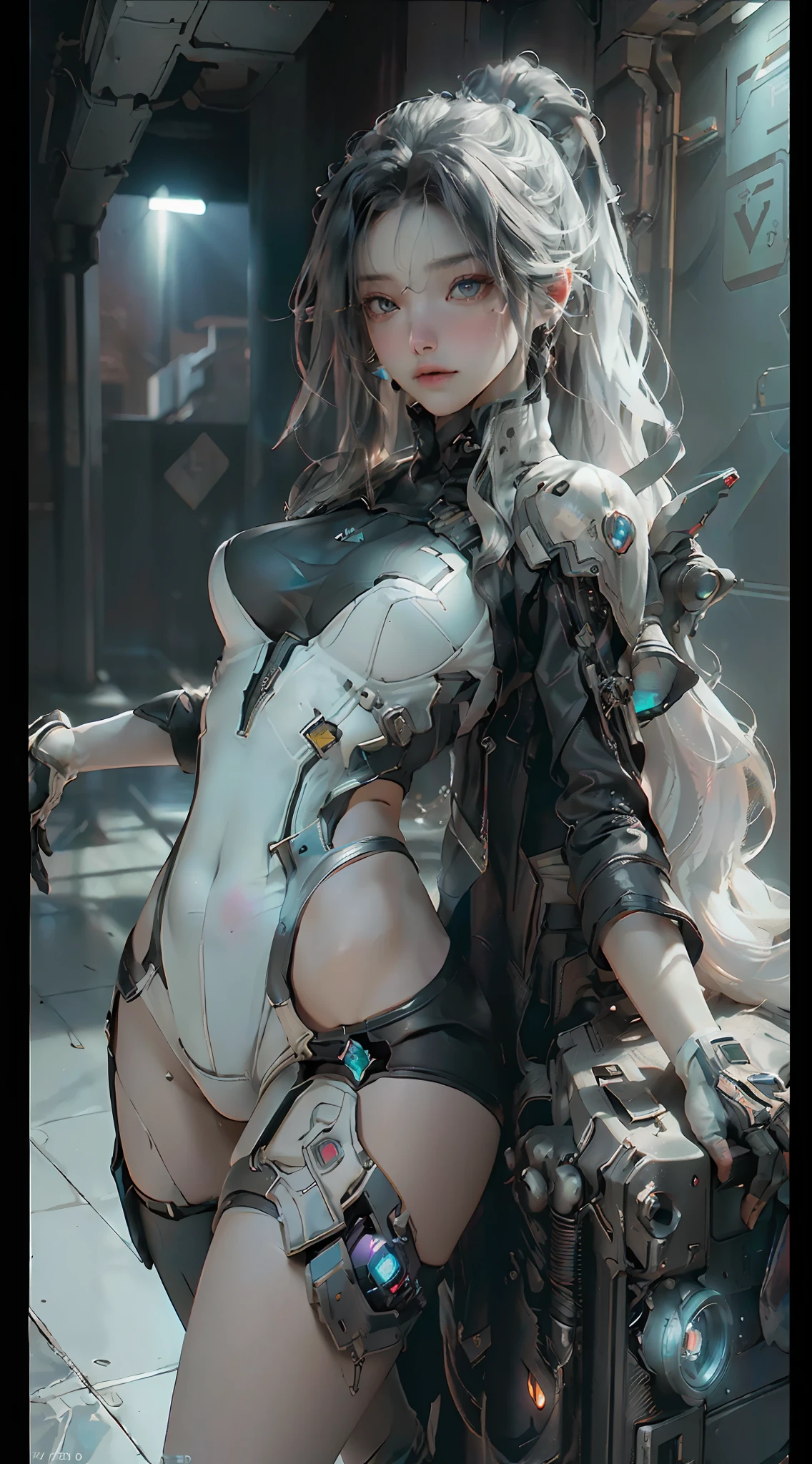(Best Quality), ((Masterpiece), (Detail: 1.4), 3D, A Beautiful Cyberpunk Woman, HDR (High Dynamic Range), Ray Tracing, NVIDIA RTX, Super-Resolution, Unreal 5, Subsurface Scattering, PBR Textures, Post-Processing, Anisotropic Filtering, Depth of Field, Maximum Sharpness and Clarity, Multi-layer Textures, Albedo and Highlight Maps, Surface Shading, Precise simulation of light-material interactions, perfect proportions, Octane Render, two-color light, large aperture, low ISO, white balance, rule of thirds, 8K RAW, legs open swimsuit