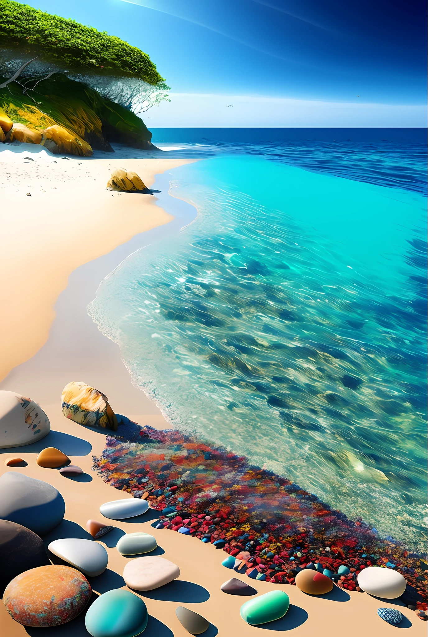 East Pole Island, Beach, Tide, Waves, Noon, Sunny, Transparent Pebbles, Ultra-realistic, Surreal, 16k HD, Rainbow Umbrella,