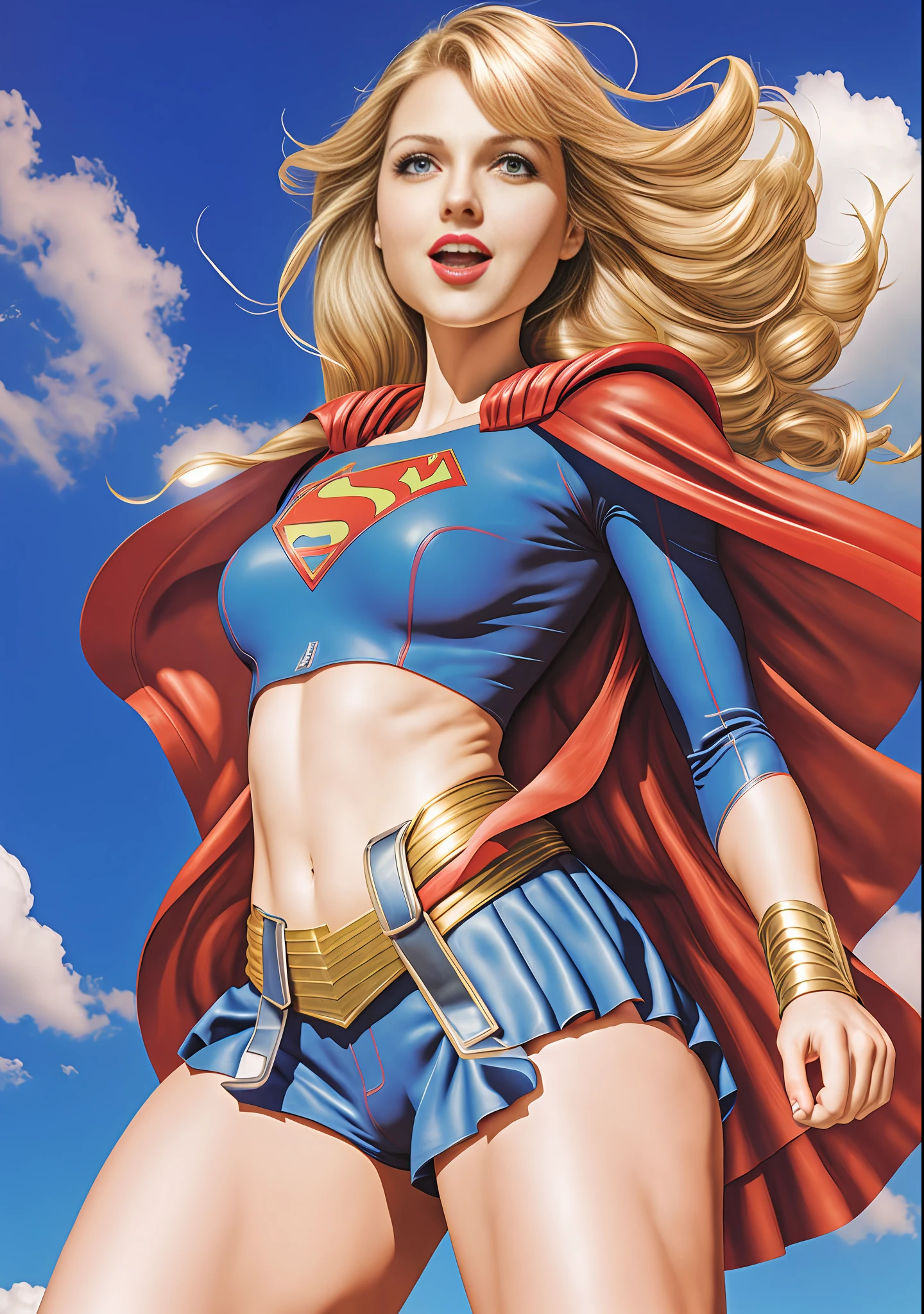 Supergirl, inspired by Jim Lee, with huge, thin waist, thick legs, tight top, looking upwards, realistic photography