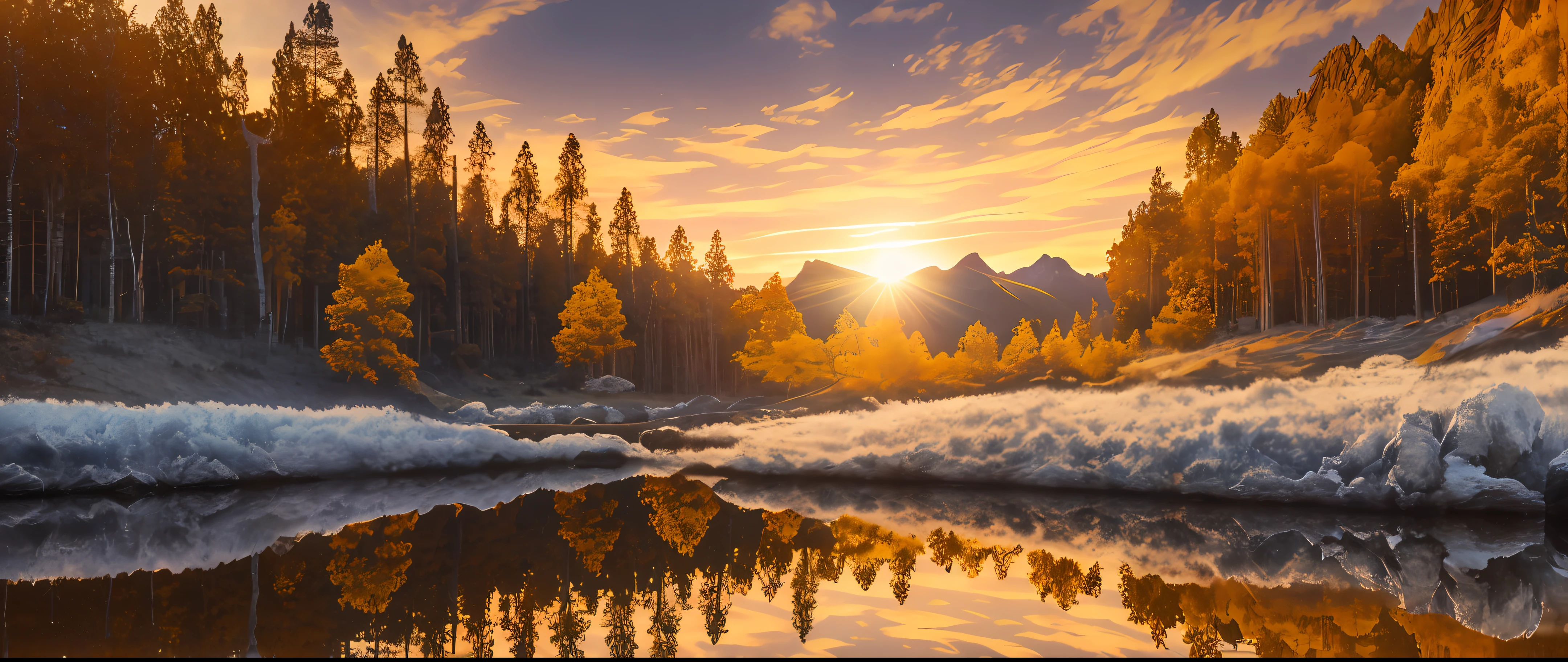 Realistic photo, forest, maximum detail, panorama, 8K photo, wide angle lens, sunset, focus, lens reflection, pigmentation, (reflected light) (brightness) (occlusion environment) (professional photography) (8K film) IMAX, Colored clouds, horizon