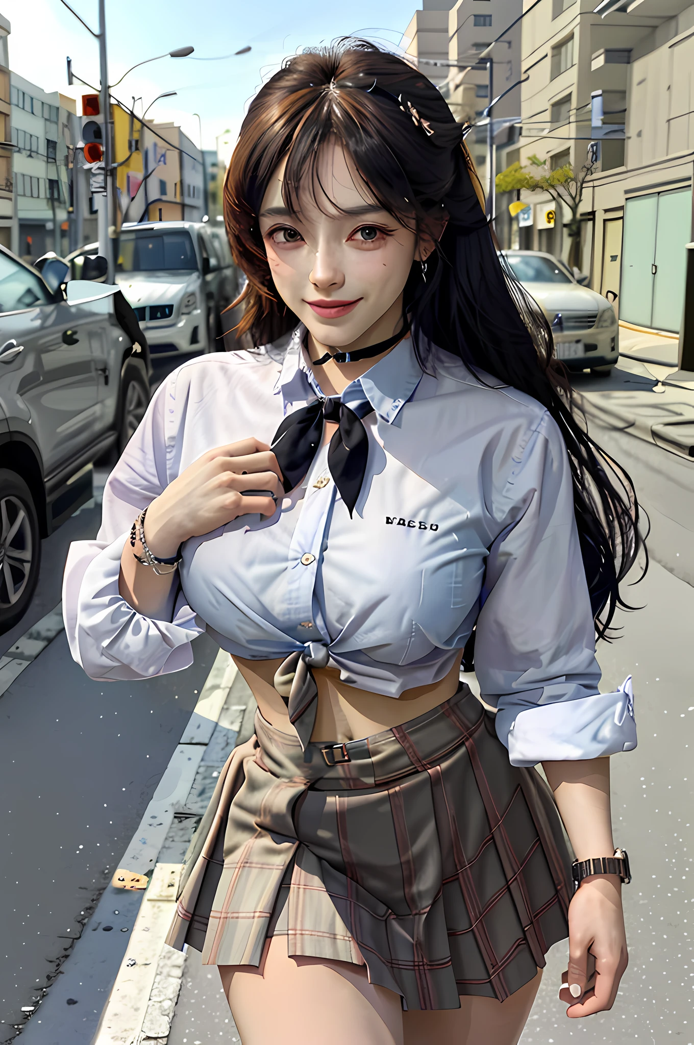 masterpiece, best quality, full body, 1girl, bangs, black choker, black tie, pink hair, blue skirt, blush, bracelet, large breasts, choker, clothes around the waist, collarbone, collar shirt, cowboy shot, dress shirt, ear piercing, eyebrows visible through hair, gradient hair, smile, gyaru, jewelry, kogal, long hair, looking at the viewer, loose tie, tie, piercing, plaid skirt, pleated skirt, red eyes, ring, school uniform, shirt, skirt, smile, solo, white shirt, street, sky, cherry blossoms, petals, illustration, (magazine: 1.3), (cover style: 1.3), elegant, woman, vibrant, clothing, posing, frontal, colorful, dynamic, background, elements, confident, expression, holding, statement, accessory, majestic, rolled, around, touch, scene, text, cover, bold, eye-catching, title, stylish, font, catchy, headline, bigger, impressive, modern, fashionable, focus, fashion,