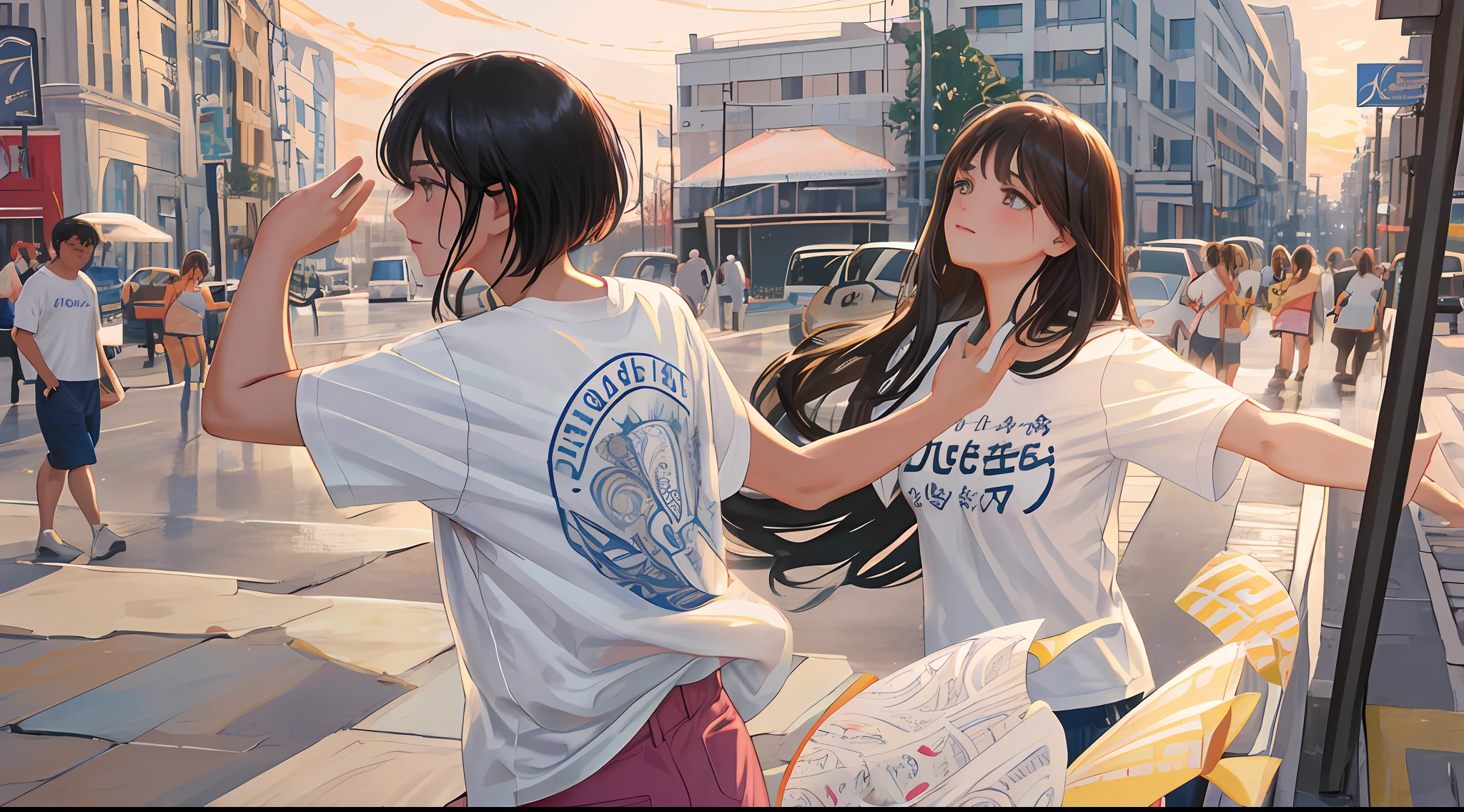 (Best Masterpiece), (Best Quality), (Super Detailed), (Well-groomed Hair), (Illustration), (1 Girl), (Interview), (Detailed Background), Beautiful Detailed Eyes, Delicate Beautiful Face, (High Saturation), Focus on Face, Black Hair, Bangs, Impressive, Short Hair, Girl, Maiden in Love, pixiv Illustration, Best Quality, Super Detailed, Shameful, Beautiful Face, 4K, Neat, Best Quality, Beautiful Eyes, Mauscule, Young, Moist eyes, blushing cheeks, 8K, profile, good-looking, fluttering hair, dance, practice, heavy sweat, white shirt, street dance, t-shirt