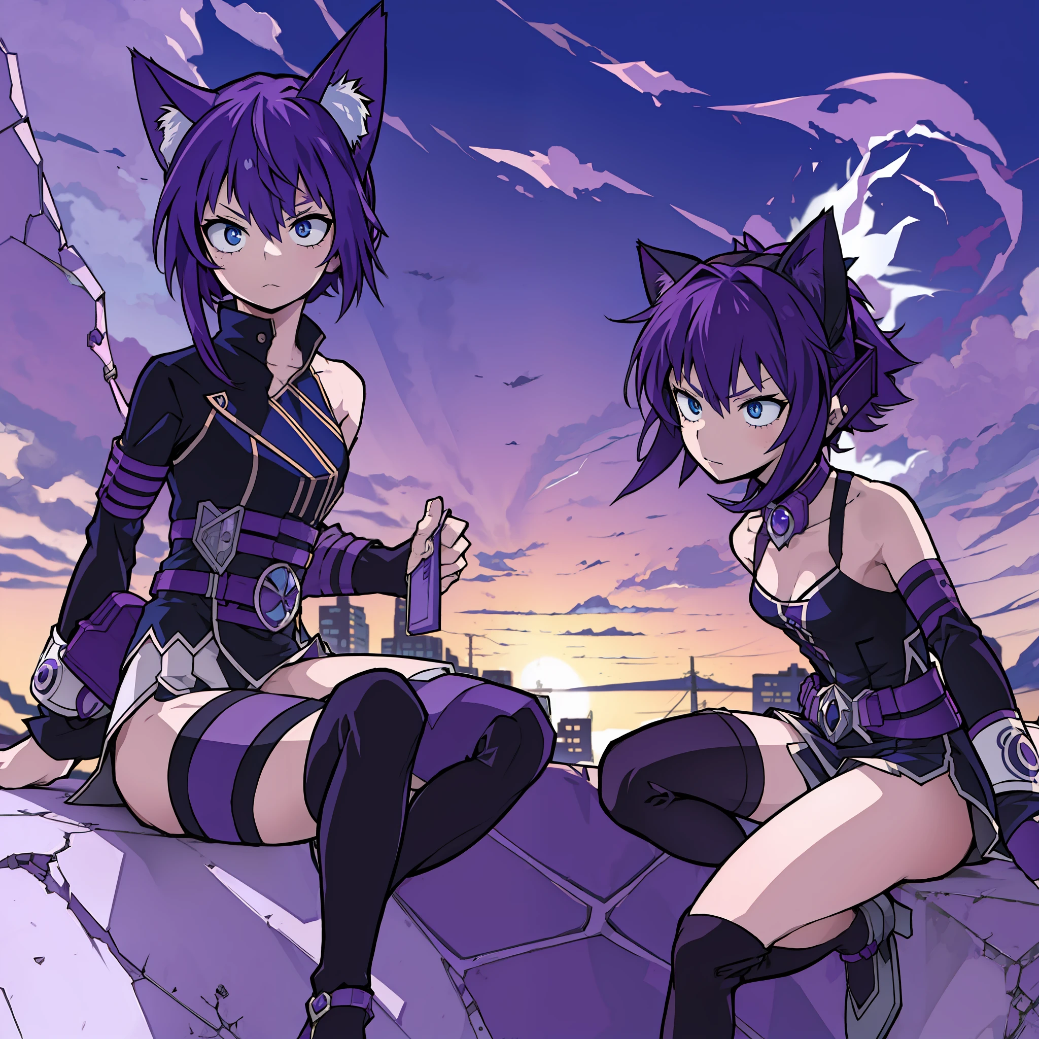 A ***********, Short Hair, Purple Hair, Small Purple Cat Ears, A Purple Cat's Tail, Blue Eyes, Assassin Clothing, Amine Style