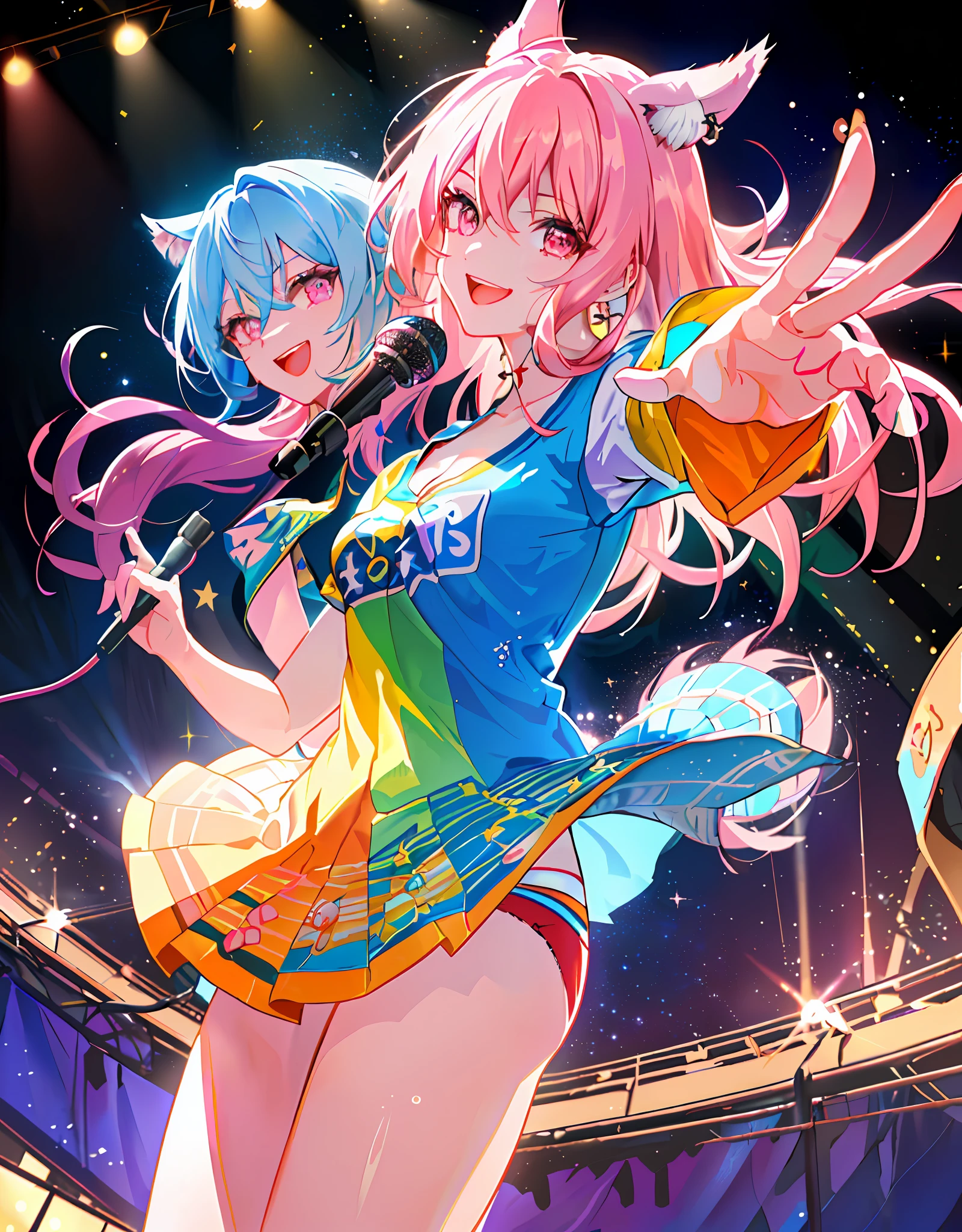 Thick paint: 2, 8k, masterpiece, dynamic angle, upper body, ((Detailed eyes and detailed face: 1.2))))), (Perfect human hand, super detailed human 5 fingers)))), ((Perfect human foot)), Upper body, 2 girls, Smile, Wolf ears, Wolf tail, Pink eyes, Hair between eyes, (Wink))), D cup, cleavage, striped hair, (Colorful hair colors: 1)))), ((((Random hair color: 1)))), variegated hairstyle: 1, twin tails, ultra-detailed gradient hair, ((((T-shirt with kagenari letters)))), ruffled dress, love live, jewelry, best stage, climax, professional stage, ((((Perfect singer holding the microphone with left hand and singing emotionally, perfect singer, screaming: 1.2, overflowing emotions, Best smile))), Singer, Vocalist: 1, Idol, Diva, Professional Stage, Professional Lighting, Live Lighting, Distract Your Gaze, Fan Service: 1, ((Singing on the Stage of the AI Spaceship (Background, AI Spaceship: 1.2)))), ((Singing on the Stage of the AI Spaceship: 1.2)), ((Panchira, Cute Panties)), Packed Audience 2