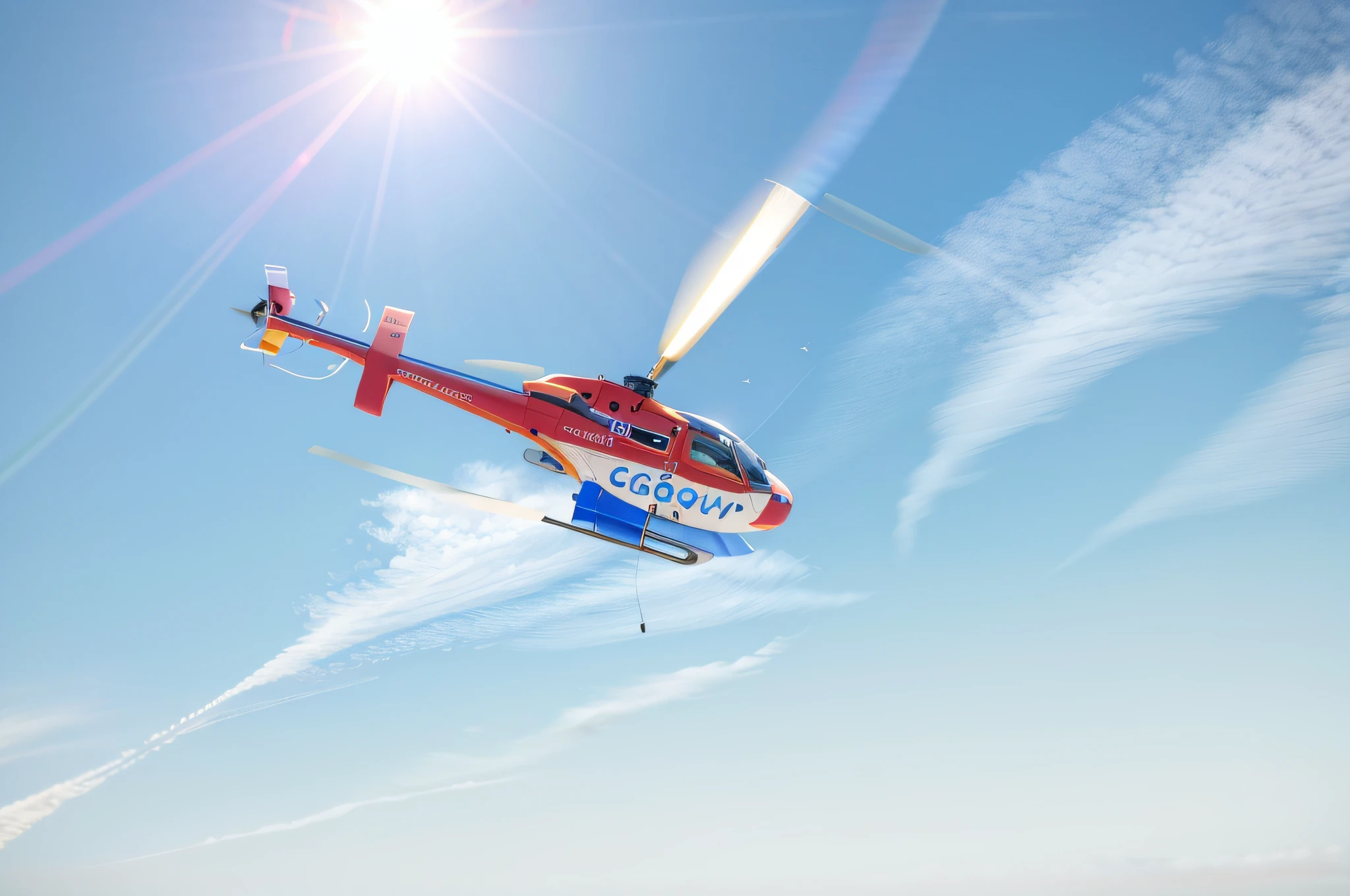 Alafed helicopter flying in the sky behind blue sky, helicopter, helicopter, helicopter view, aerial shot, flying in the sky, view from helicopter, wide overhead shot, top down photo, helicopter footage of city, helicopter firing, hovering in the air, helicopter drone