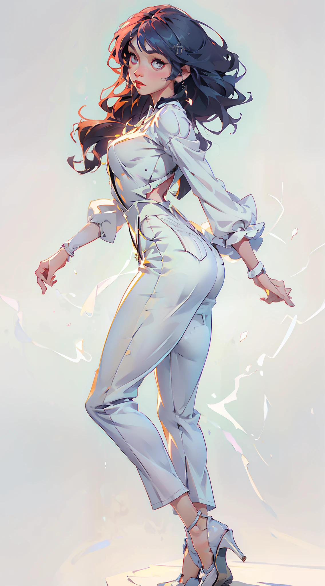 Best Quality, (Realistic:1.3), 1 Girl, Dancing, Perfect Female Figure, Full Body, (Starting from the Back: 1.1), (As: 1.5)
(White transparent pants: 1.2), (White suspenders: 1.3), (Black top: 1.5), short hair, slim fit, long sleeves,
 (Black leather shoes: 1.1), white wall background,