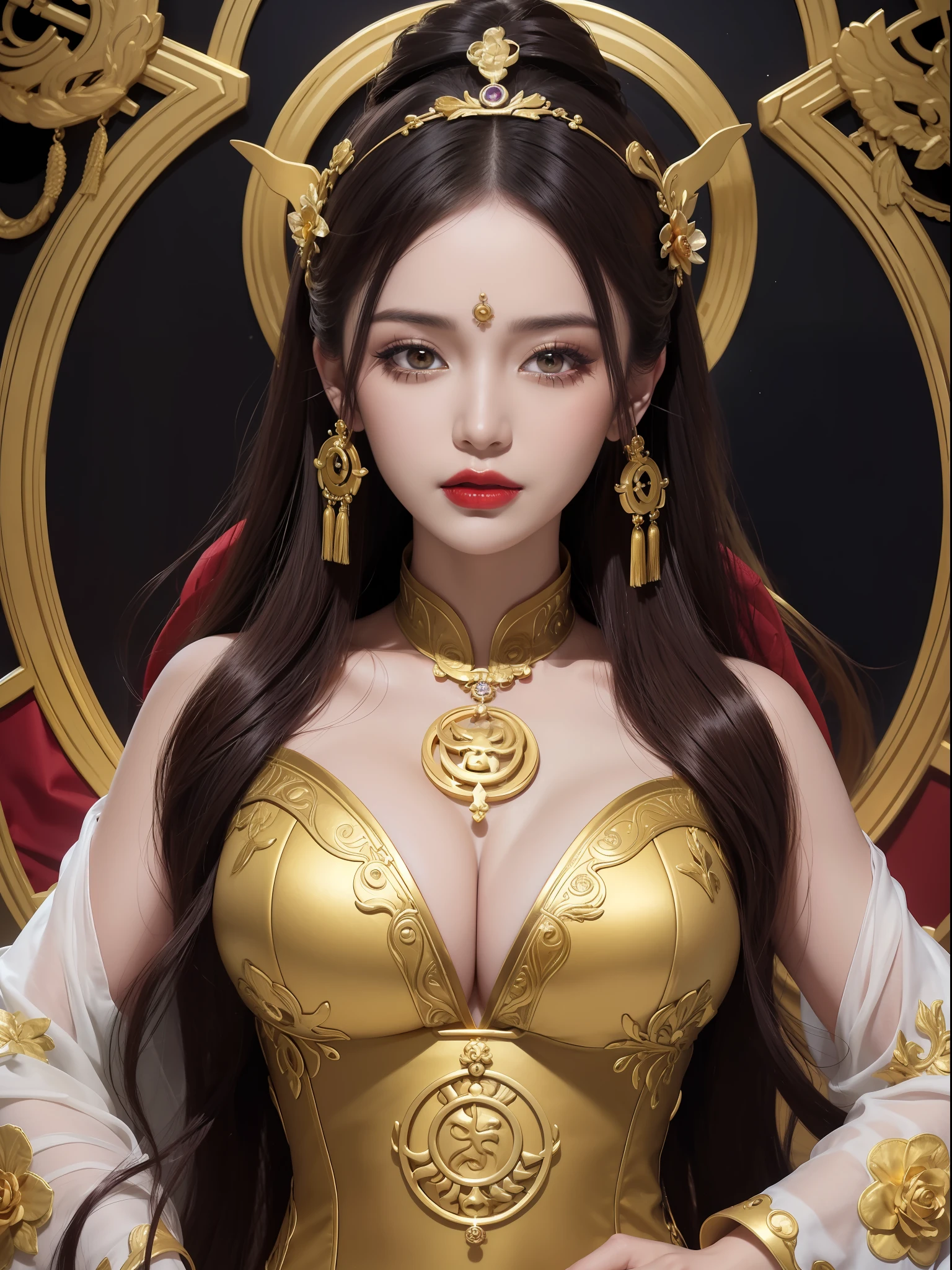 1 goddess of the zodiac from the future, wear the ao dai of the goddess of the zodiac to cover her chest, the goddess of the zodiac wears a bright yellow gold bodice, the goddess radiates a bright pink purple zodiac aura, the stars have the shape of the 12 zodiac signs, the goddess of the zodiac wearing a golden zodiac ao dai with many black details, the mythical goddess of the 12 zodiacs from the future, Zodiac sign ♏, zodiac style, dark and mystic version, Plump boobs, Red lips are balanced and very beautiful, character by karol bak and pino daeni, intricate details, detailed background, many object of background, extra highly detailed, magic lighting, a woman, clearly drawn face, beautiful face and symmetry eyes, big round eyes and very beautiful and detailed makeup, distant focus, silk clothing, mystic adornment, upper body portrait, arms loose