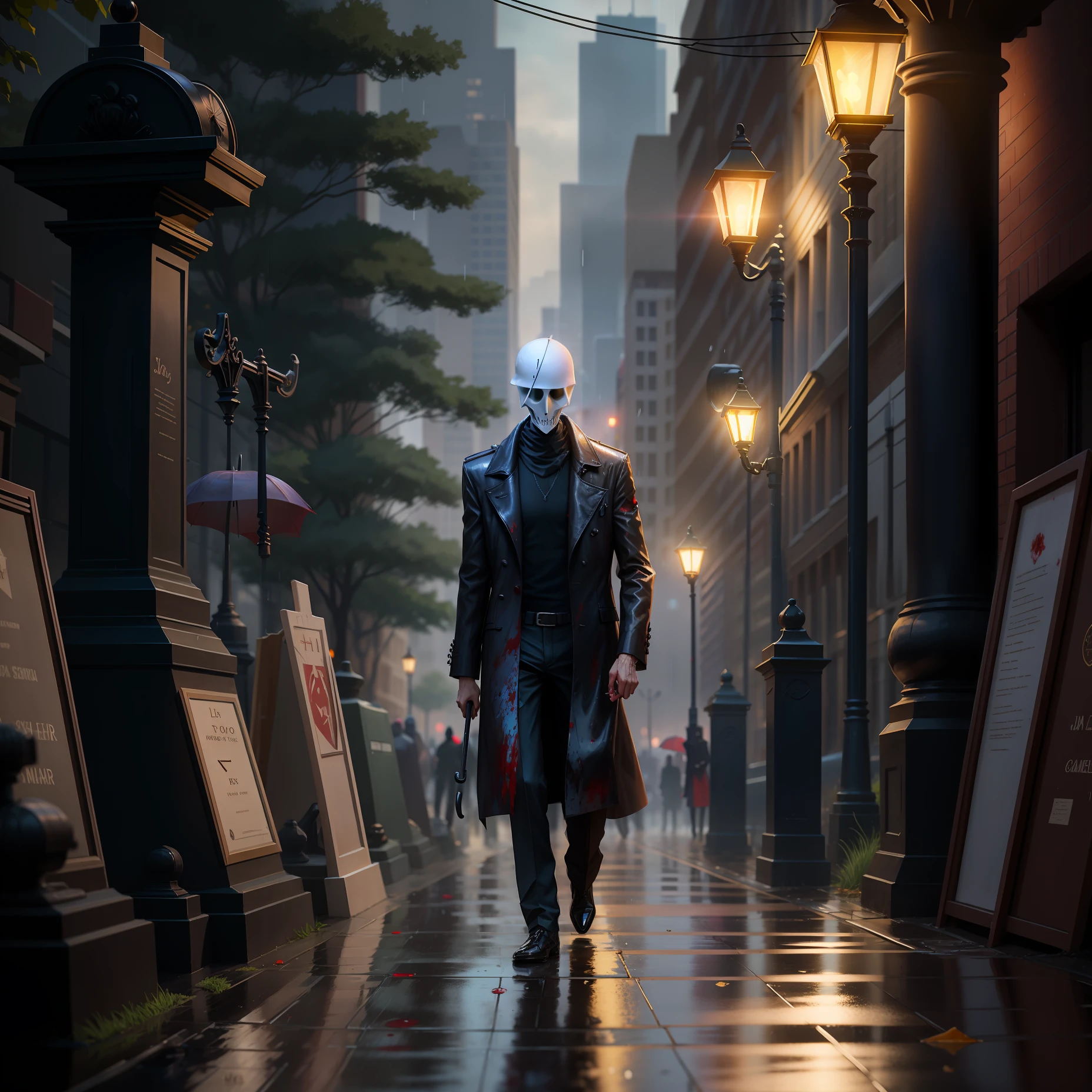 A slender man holding an umbrella in the rain, a saber at his waist, a bright city behind him, several corpses lying on the ground, blood stained the ground