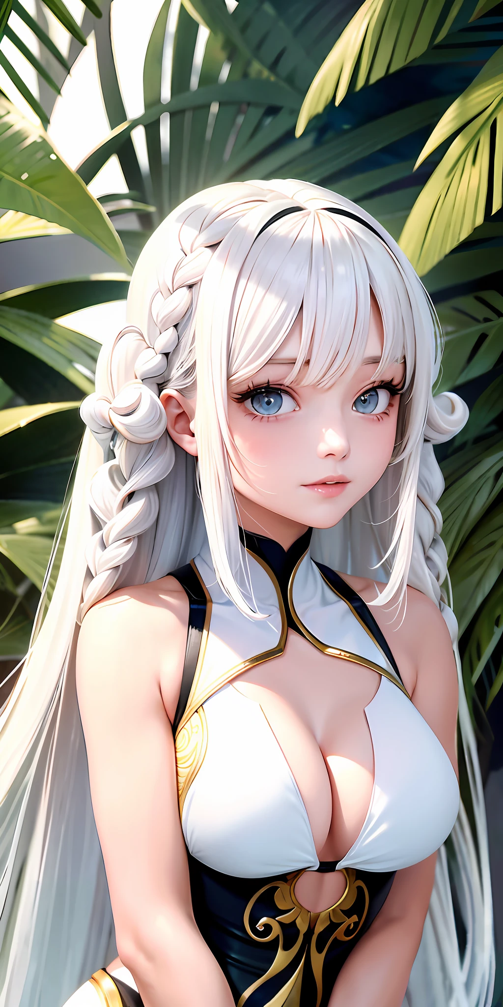 Superb masterpiece, white hair, golden eyes, looking up, upper body, hair, fair skin, side braids Swimsuit