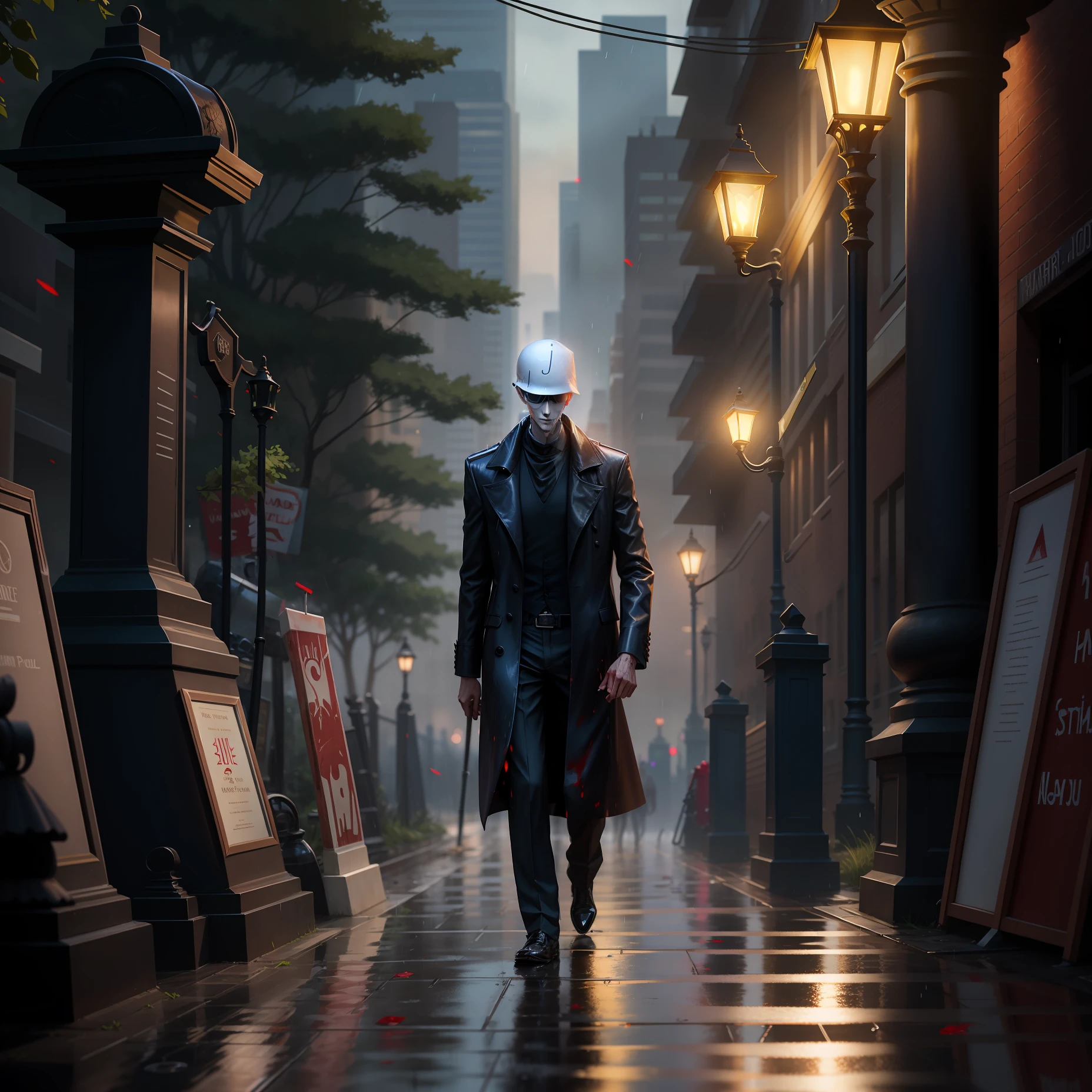 A slender man holding an umbrella in the rain, a saber at his waist, a bright city behind him, several corpses lying on the ground, blood stained the ground
