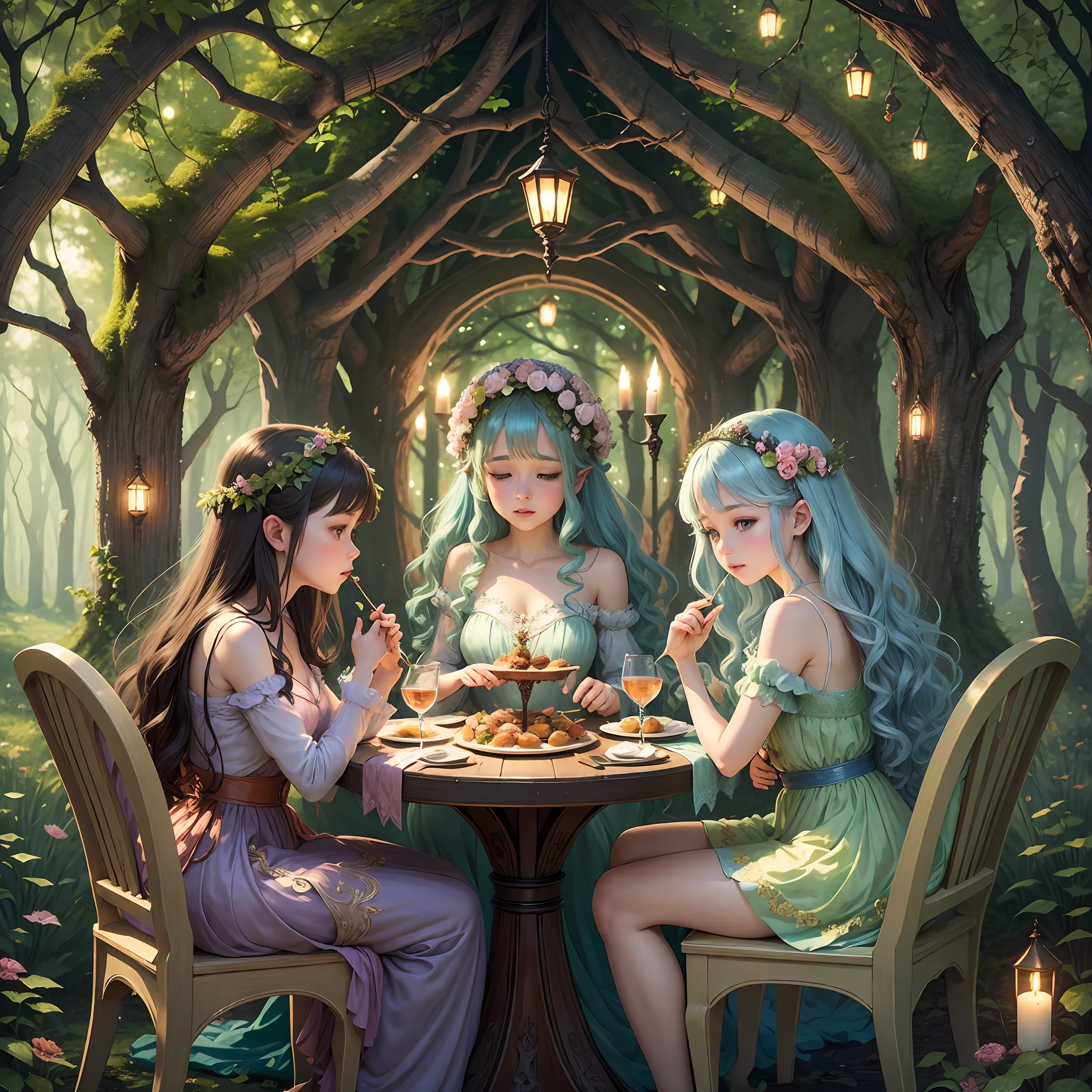 an enchanted forest, with 3 beautiful and delicate fairies, on a bonfire in the middle, eating, dining, 3 fairies --auto --s2