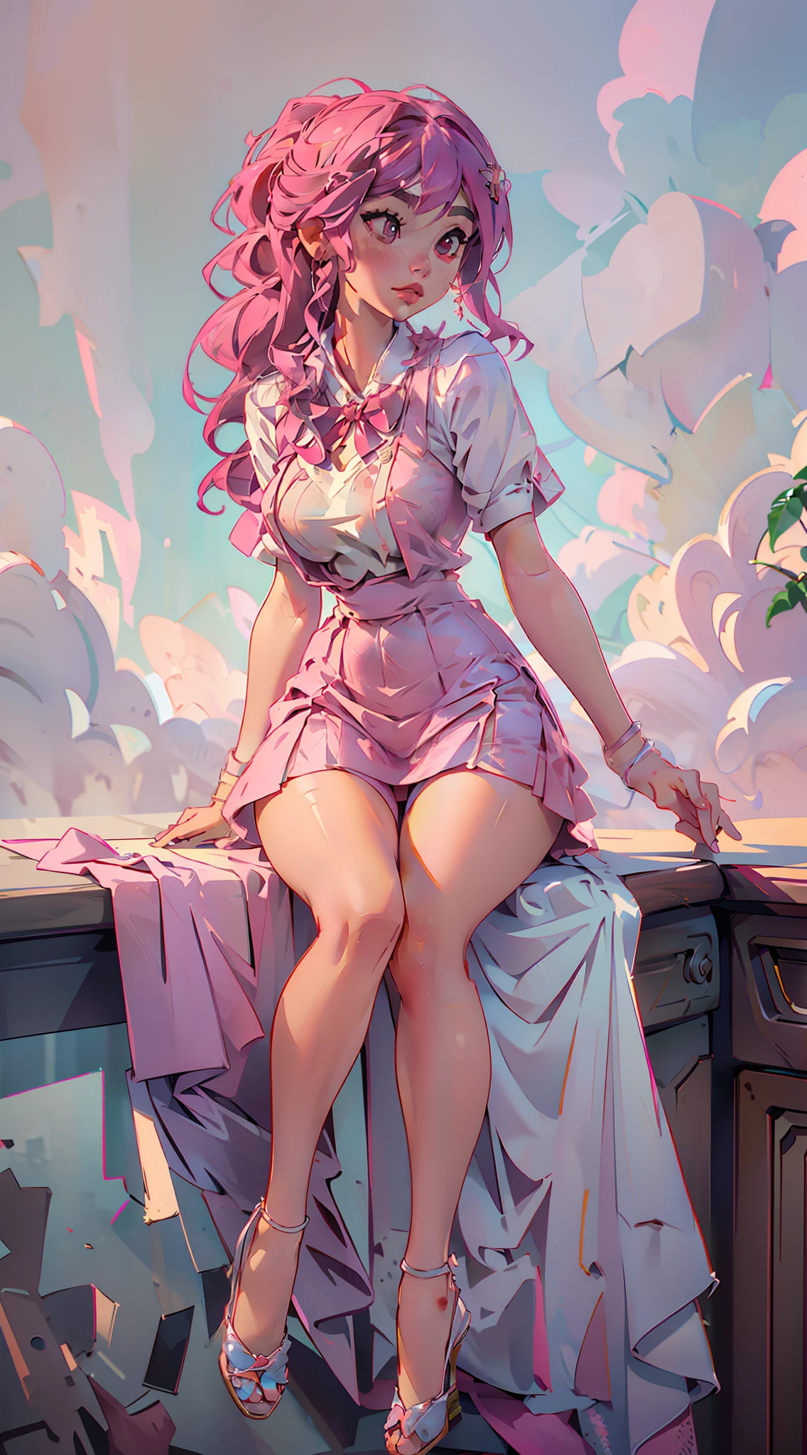 Pink suspenders, (legs apart, revealing white panties) (high-quality picture, refined masterpiece, 1.5) A student sister, delicate facial features 1.5, sitting proudly on the desk, the background is the classroom, wearing a pink school uniform, hair pink big waves, legs spread 1.2, plump chest 1.5, full body portrait