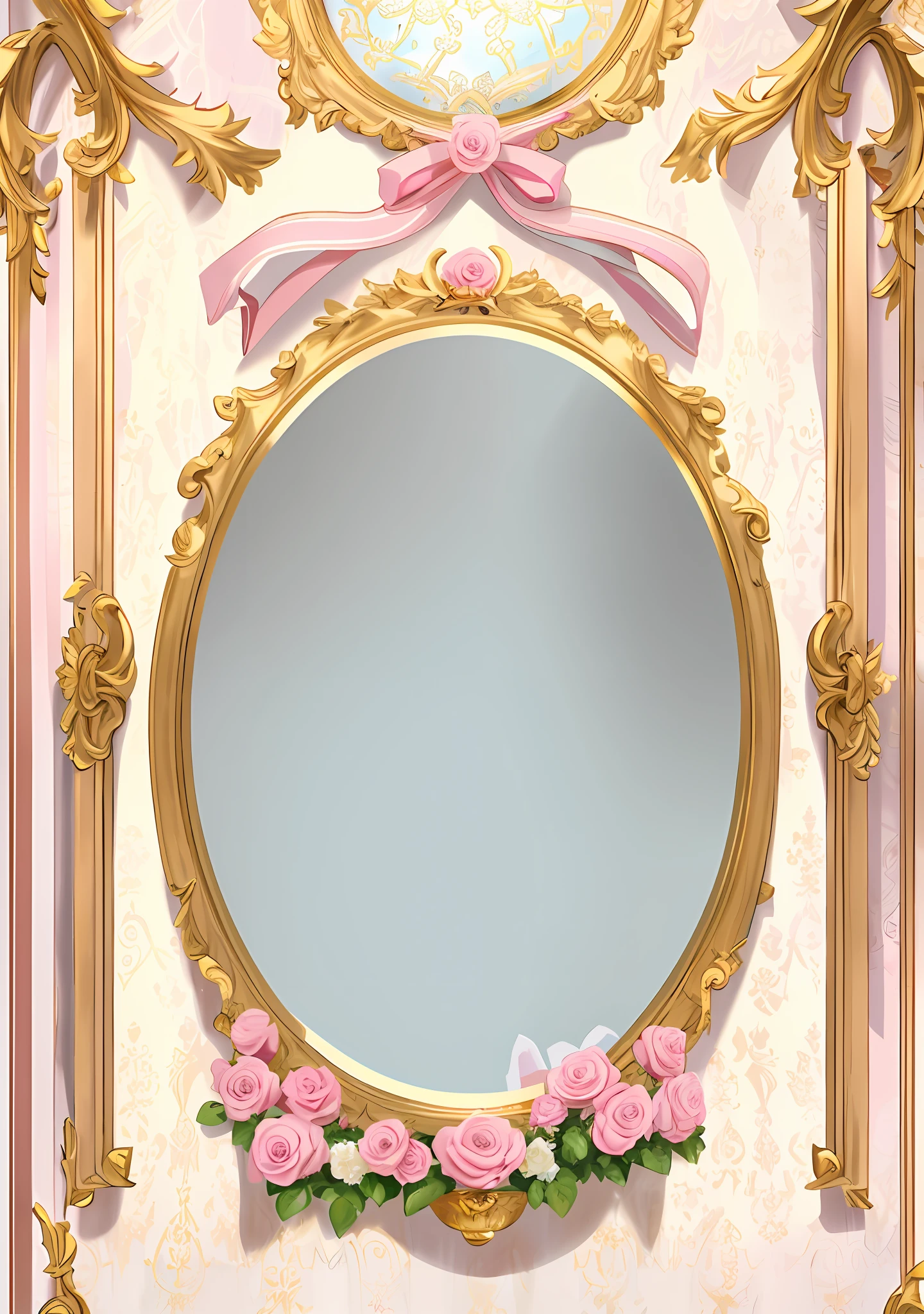 Ultra clear, ultra detail, more details, a mirror on the wall, roses and ribbons above the mirror, gold metal pillar details, pink and white roses, gold metal decoration on both sides of the mirror, lace, picture frame, mirror, pink, tarot card frame, oval picture frame, border pattern, flowers, European court style, bow, light color
