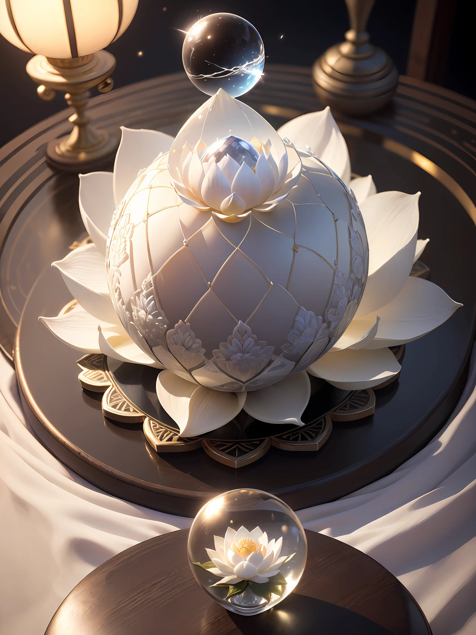 Ultra-realistic, 16K high resolution, (Max Sharp Focus: 1.3), (Max Close-up: 0.5), (White lotus flower trapped in a crystal perfect ball with pedestal on table: 1.7), (White sand, lightning, plume, light coming in from between black clouds, dramatic: 1.3)