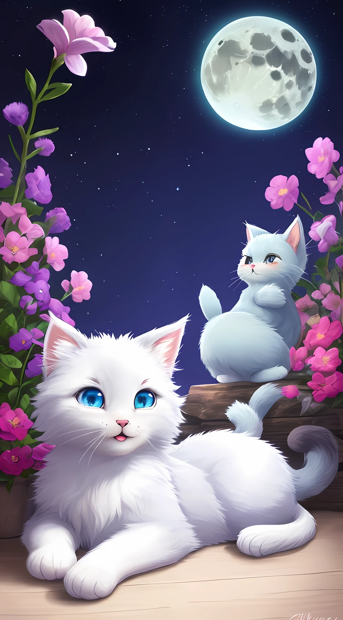 Huge, a cat lying on its stomach, a small kitten with a large furry tail, a small nose, small ears, blue eyes, purple background, flowers, vases, dreams, open mouth, smile, Caroline Chariot-Dayez pastels, tumblr, furry art, elokitty, Disney's Bambi cat, Disney's stylized furry, ears floating, fluffy tail, fluffy ', fluffy !!!, high resolution, furry art!!! The moon, small in size. One