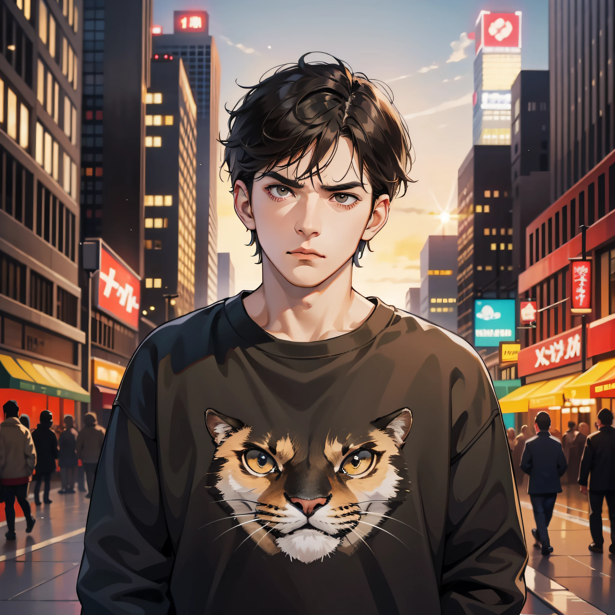Male, short black hair, brown sweatshirt, angry expression, city street background