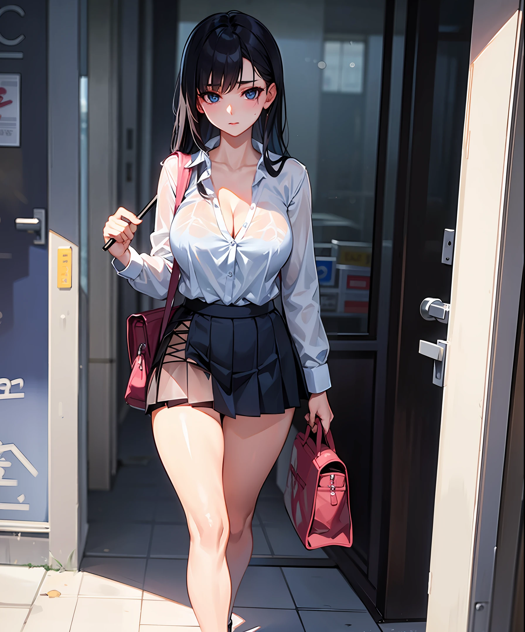 a hot woman in short shorts holding an umbrella by a balcony window, solo, 1girl, skirt, cleavage, breasts, black hair, blue eyes, shirt, looking at viewer, bag, long hair, pleated skirt, school uniform, long sleeves, see-through
