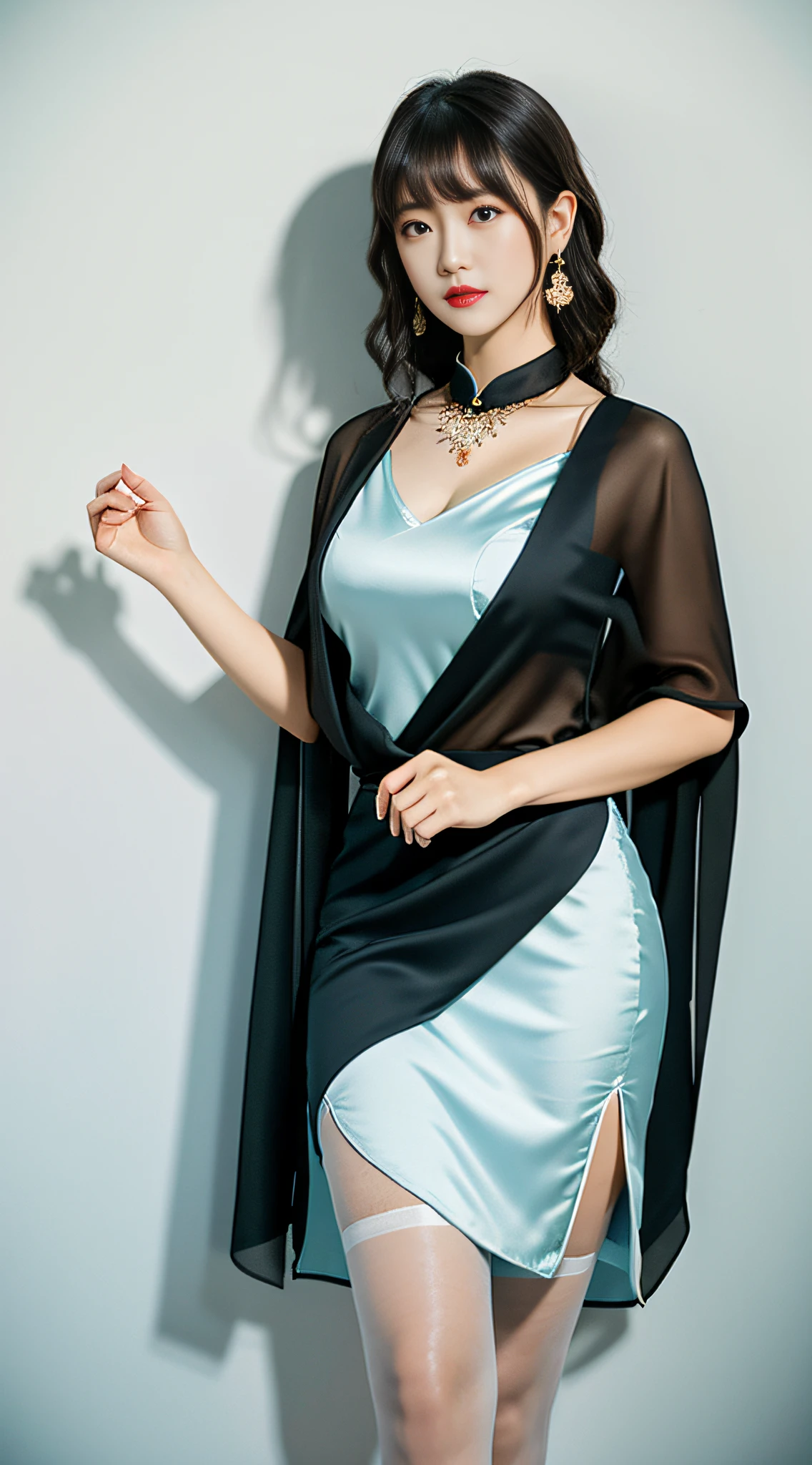 Highest quality, masterpiece, correct proportions, asian girl, black shawl hair, curly hair, bangs, (big chest), big hips, jewelry, earrings, necklace, jewelry, light porcelain dress, light short sleeve cheongsam, stockings, feminine, quartered body, background prairie, medium view, wide angle, pastel color, spring, breeze, photo, highest resolution, 8K