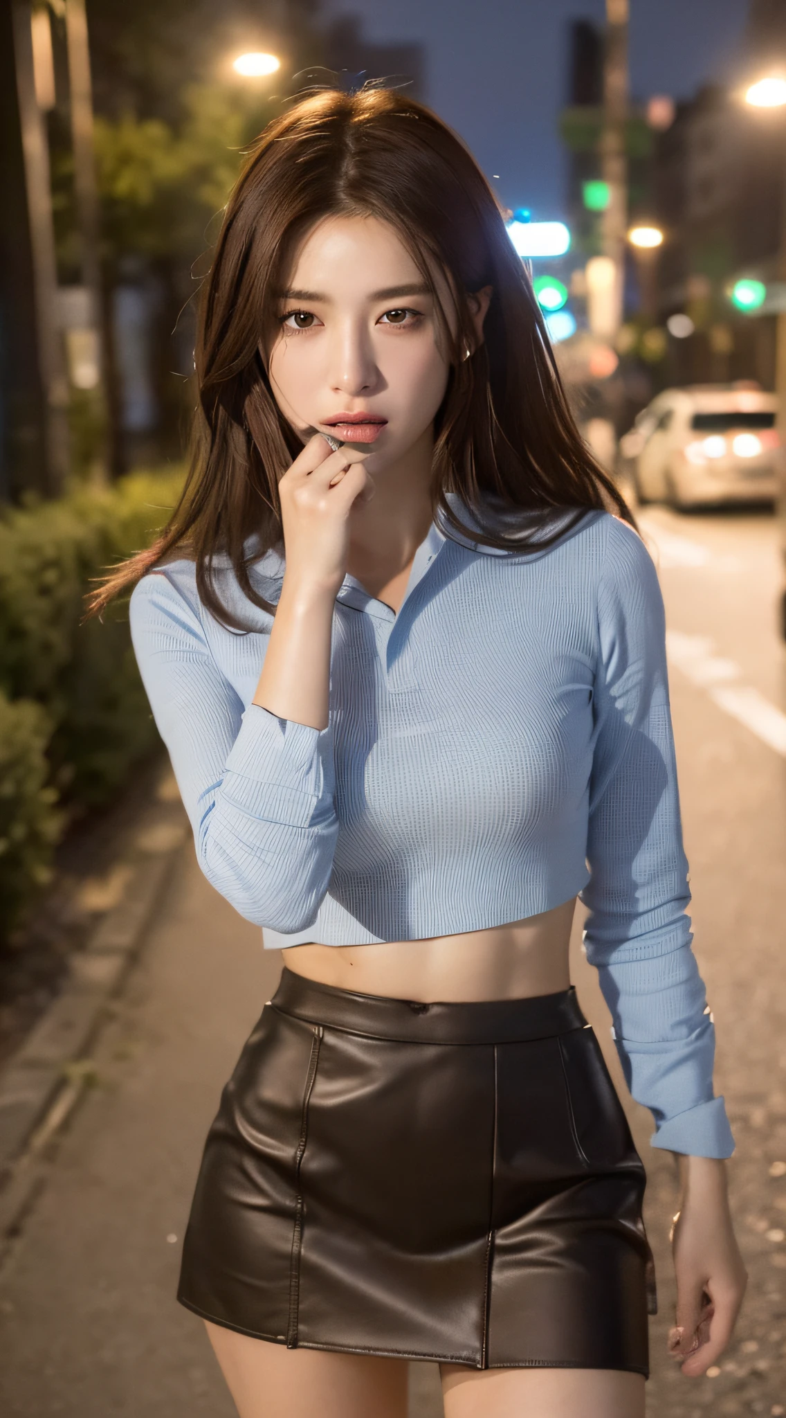 ((Realistic lighting, Best quality, 8K, Masterpiece:1.3)), Focus: 1.2, 1girl, Perfect Beauty: 1.4, Slim Abs: 1.1, ((Dark Brown Hair))Bust, (Gauze Skirt 1.4), (Outdoor, Night: 1.1), City Street, Ultra Fine Face, Fine Eyes, Double Eyelids,