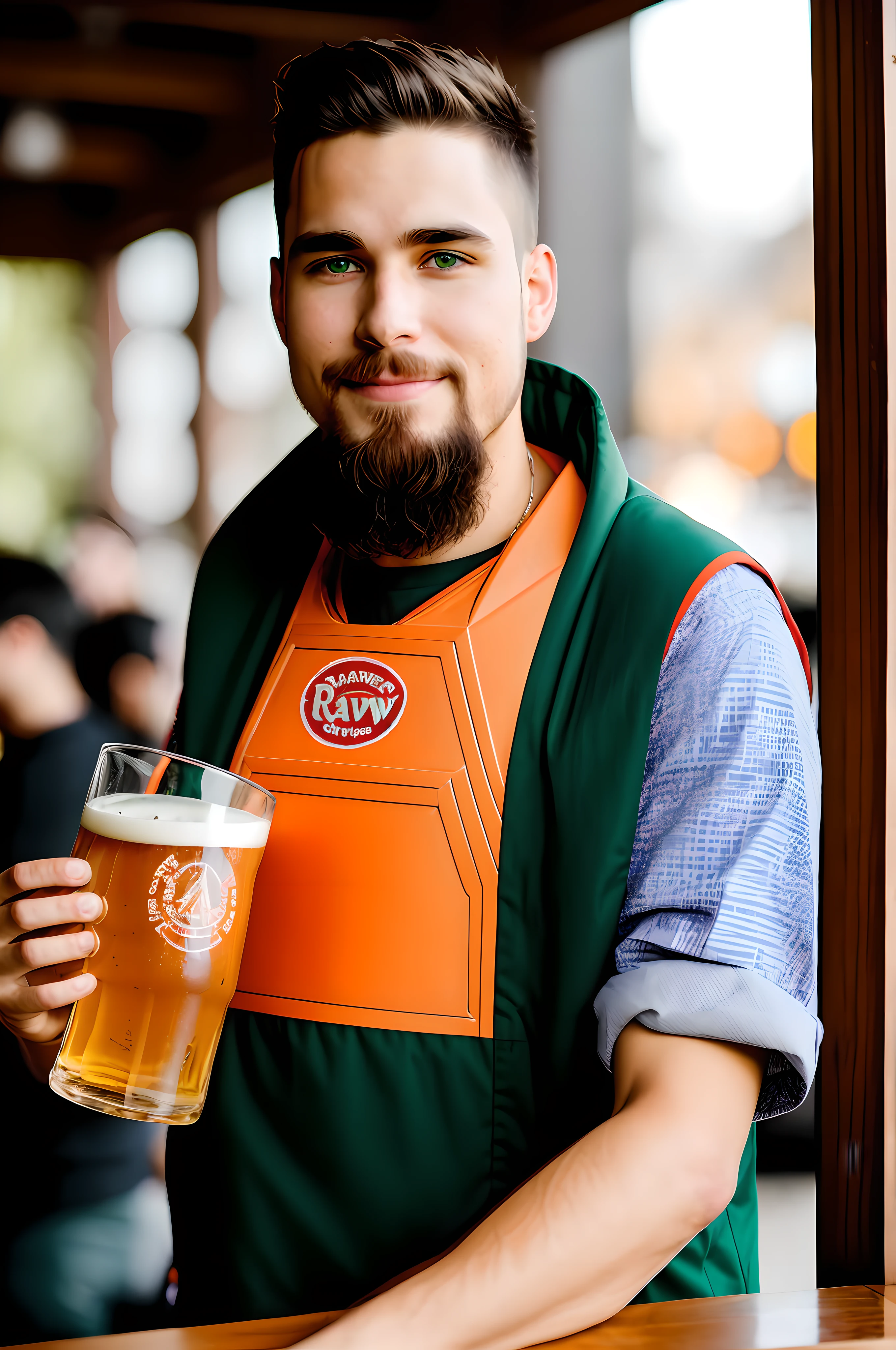 RAW photo, man drinking beer, beer colour clothes, best quality, high quality, masterpiece, warm light, golden background, sunset behind