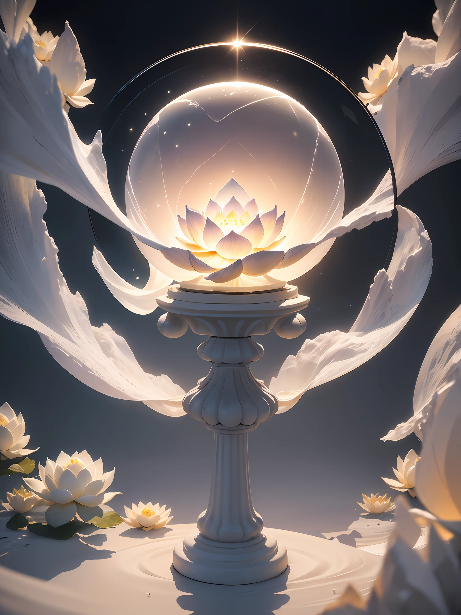 Ultra-realistic, 16K high resolution, (Max Sharp Focus: 1.3), (Max Close-up: 0.5), (White Lotus trapped in a Crystal Perfect Ball with pedestal on table: 1.7), (Single, White sand, lightning, plume, light coming in through between black clouds, dramatic: 1.3)