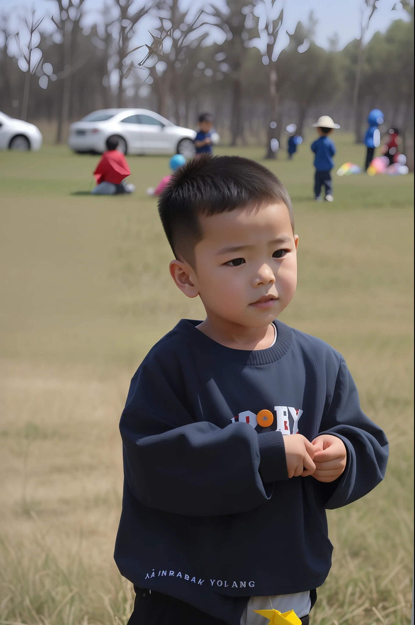 there is a young boy standing in a field holding a kite, cute boy, , kid, young , 2 years old, boytral face, jinyiwei, toddler, little kid, chd, littlelook, mongolhildrenixin, at a park, boy has short black hair, 4 0 9 6, handsome --auto --s2