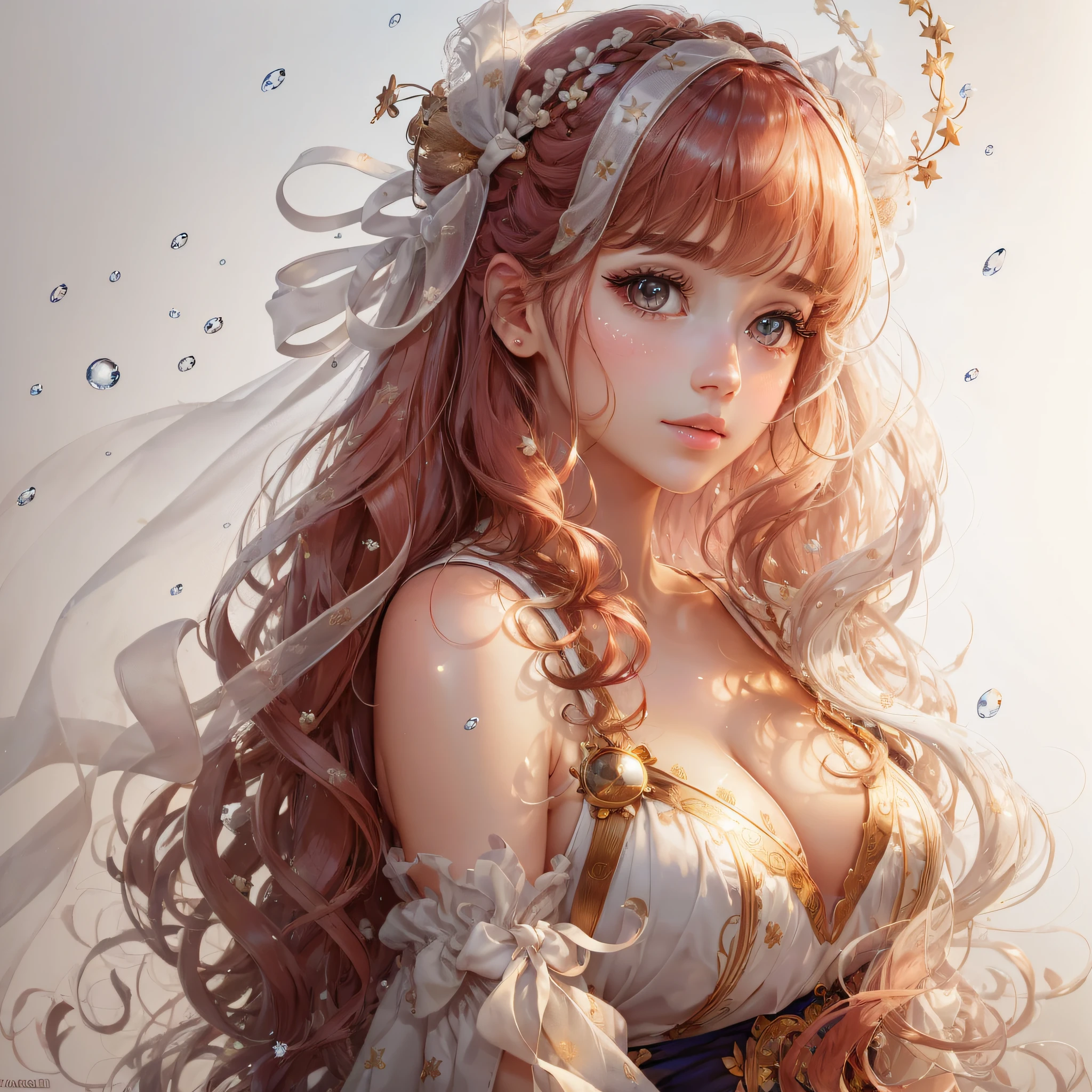 (8k, 4k, best quality, highres:1.2), (maasterpiece, realistic, photo realistic:1.37), 1girl, solo, beautiful face, eyelashes, nose, glossy lips, (detailed eyes, looking at viewer, fair skin, white skin:1.5), fine complexion, upper body,
large breasts, busty,
indoor hospital,
two side up, absurdly long hair, red hair, bangs, hair ornament, bow,
younger, aged down, --auto --s2