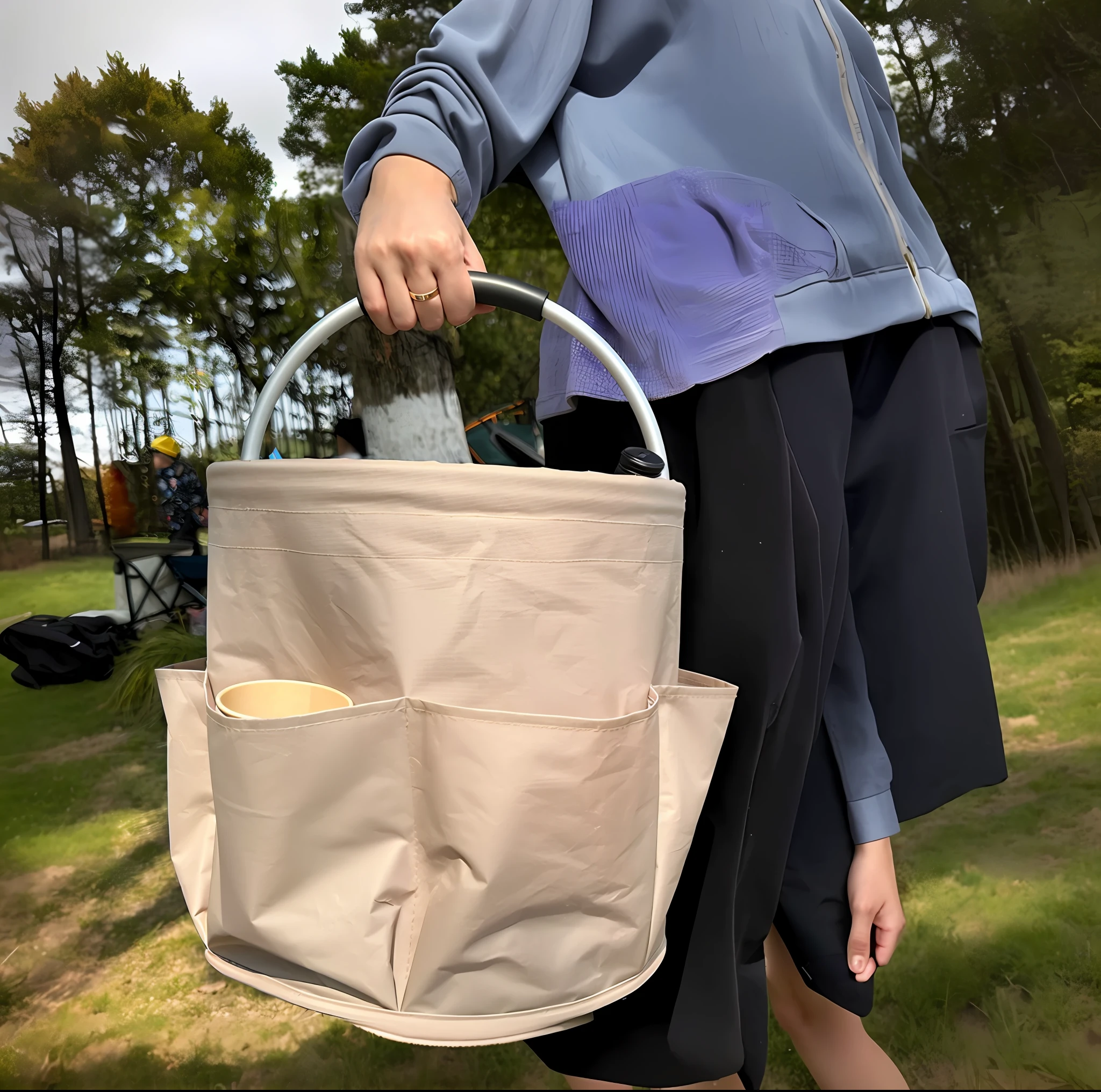someone holding a bag with a handle in a field, cute huge pockets hardware, holding mesh bag with bagels, carrying big sack, with two front pockets, carrying a saddle bag, bag, cute huge pockets, perfect detail, all around, medium, bags, utility, !!highly detailed!!, small, bottom angle, 🚿🗝📝, high details!