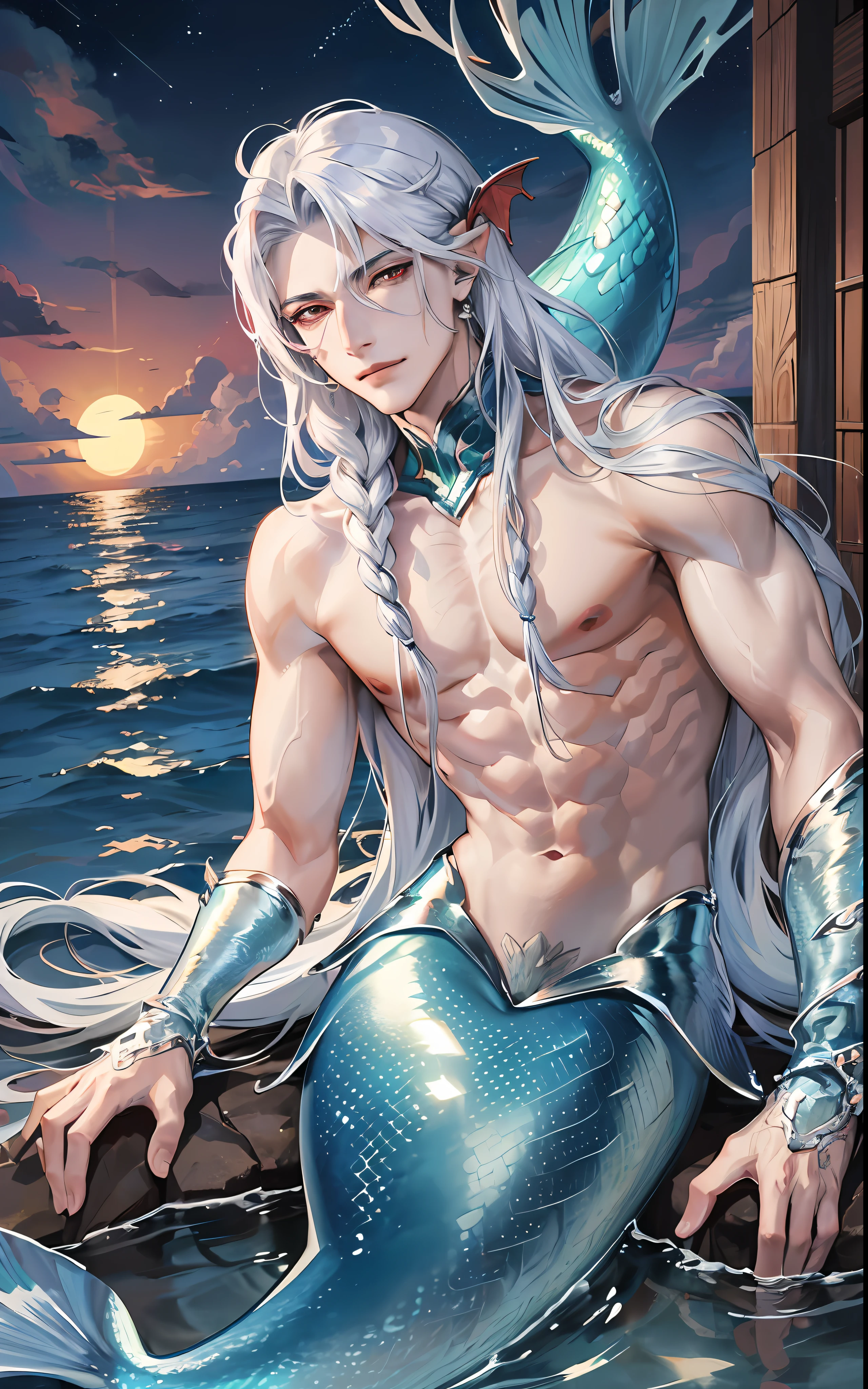 man, masculine, masculine face, attractive, muscular, (((1man))), masterpiece, absurdres, best quality ,intricate details, ((full body)), (shiny skin, shiny body, shiny oily luster skin, shiny hair, pale skintone), Sundown, attractive, ((muscular)), adult, one, earrings, Don't look at the view , Not looking at the view, silver hair, braided hair, perfect detailed face, perfect detailed hands, triton, fins, red eyes, triton ears, smirk, marine sea ornaments, open chest, ((mermaid tail)), no legs, under the sea, fishes, masculine features, masculine face, (((night))), moonlight, darkness, dark light, character seen from afar