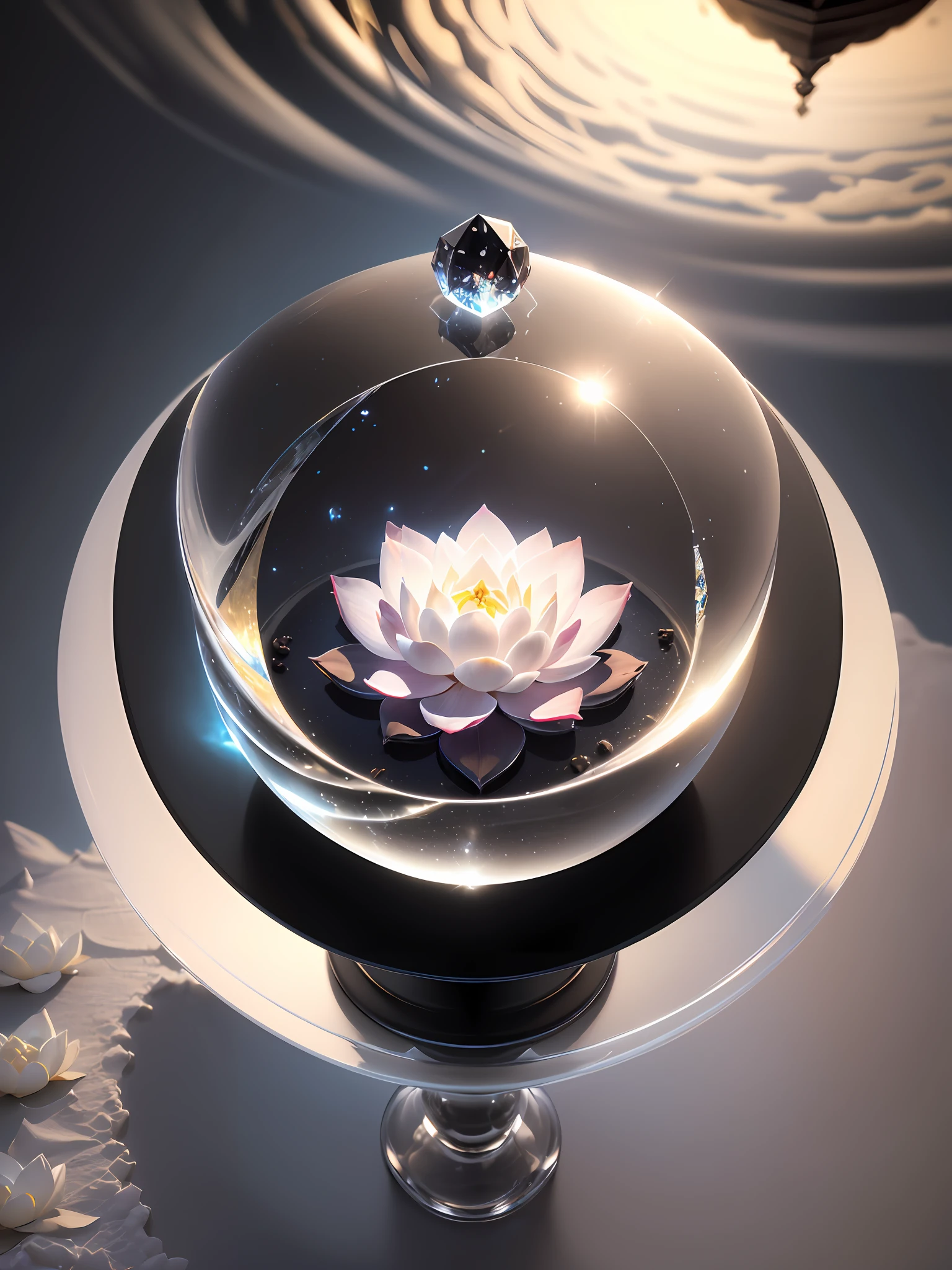 Ultra-realistic, 16K high resolution, (Max Sharp Focus: 1.3), (Max Close-up: 0.5), (White Lotus trapped in a Crystal Perfect Ball with pedestal on table: 1.7), (Single, White sand, lightning, plume, light coming in through between black clouds, dramatic: 1.3)