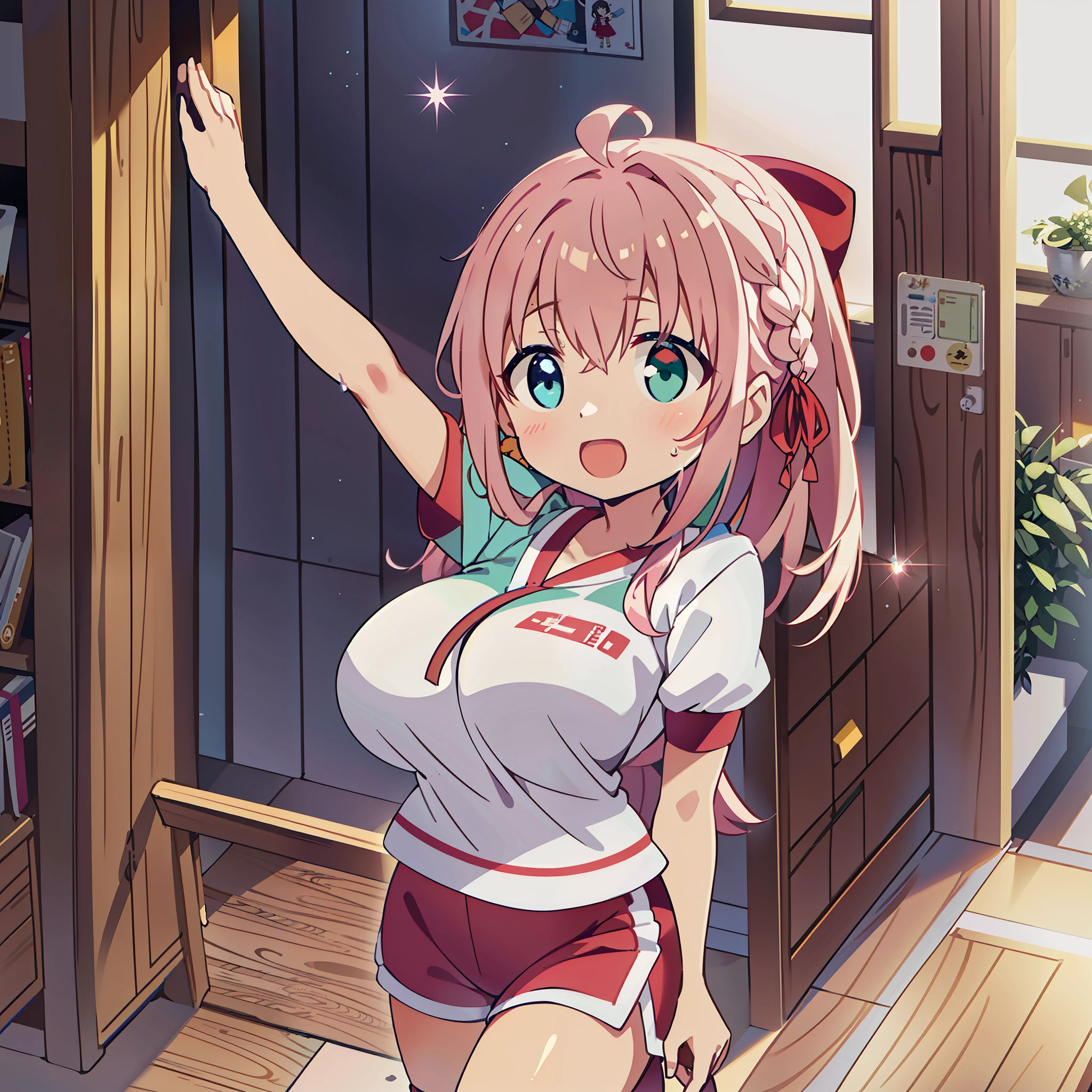 Anime illustrations in the style of "Kyoto Animation", highest quality, (cute: 1.1), (cute), (high resolution: 1.2), incredibly ridiculous: 1.3, incredibly fine illustrations, break 1 beautiful girl, Solo, (heterochromia, light blue eyes and light green eyes), silhouette of star eyes, solo, standing figure, happy, :d, princess eyes, big breasts, break, braid, light pink hair, semi-long hair, red ribbon at the end of braid, break, big hall, doing gymnastics, wet t-shirt, black sneakers, red shorts, sweat
