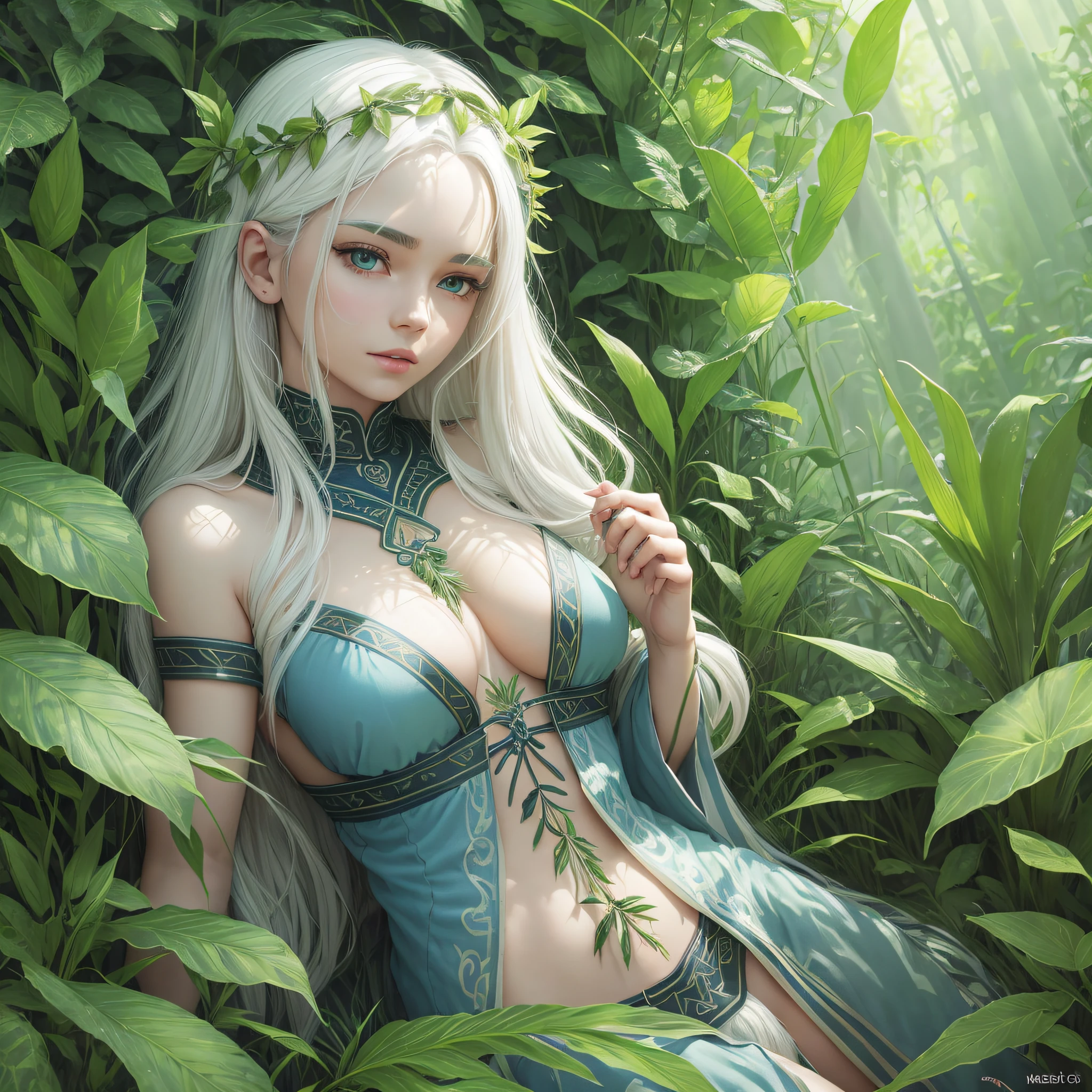 Maiden God of Grass Surrounded by Plants White Hair Blue Sexy Cute Location: Bed --auto --s2