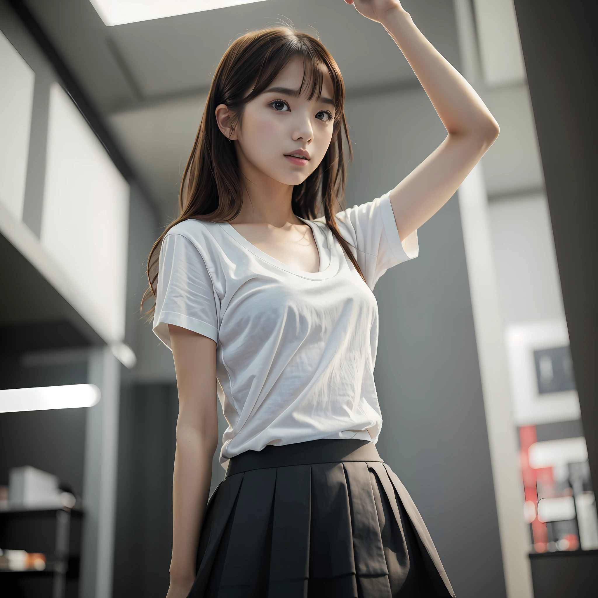 ((Best quality, 8k, Masterpiece: 1.3)), Sharp focus: 1.2, 1 AKB48 girl, beautiful face girl, cute face, age 28, small breasts, flat chest, short messy hair, standing, UNIQLO casual clothes, skirt, office, sunlight, dramatic angle, kindness, cinematic lighting, from below, (8k, masterpiece, best quality, raw photo) --auto --s2