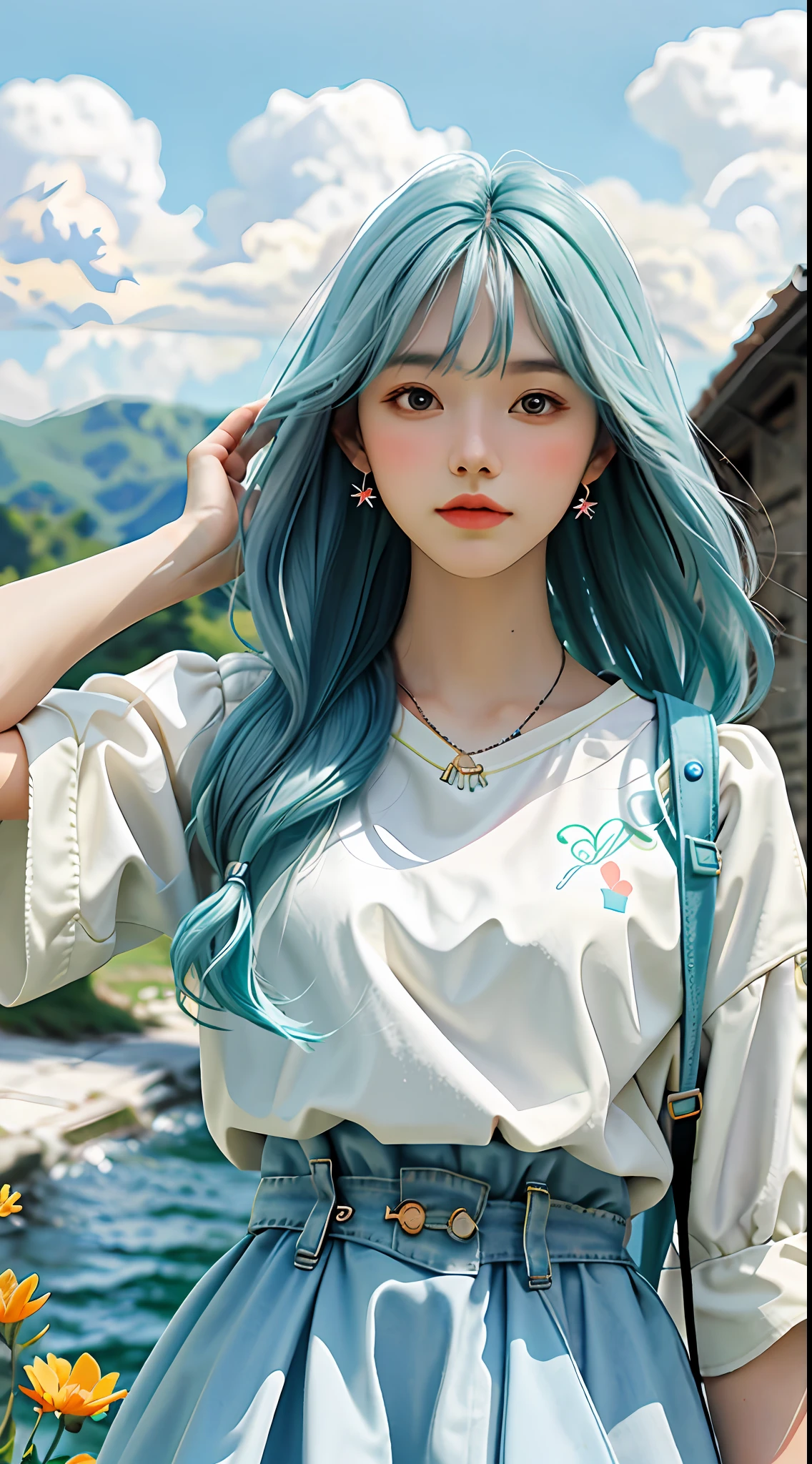 masterpiece, best quality, spring outfit, colorful hair, outdoor,cloud ,upper body,