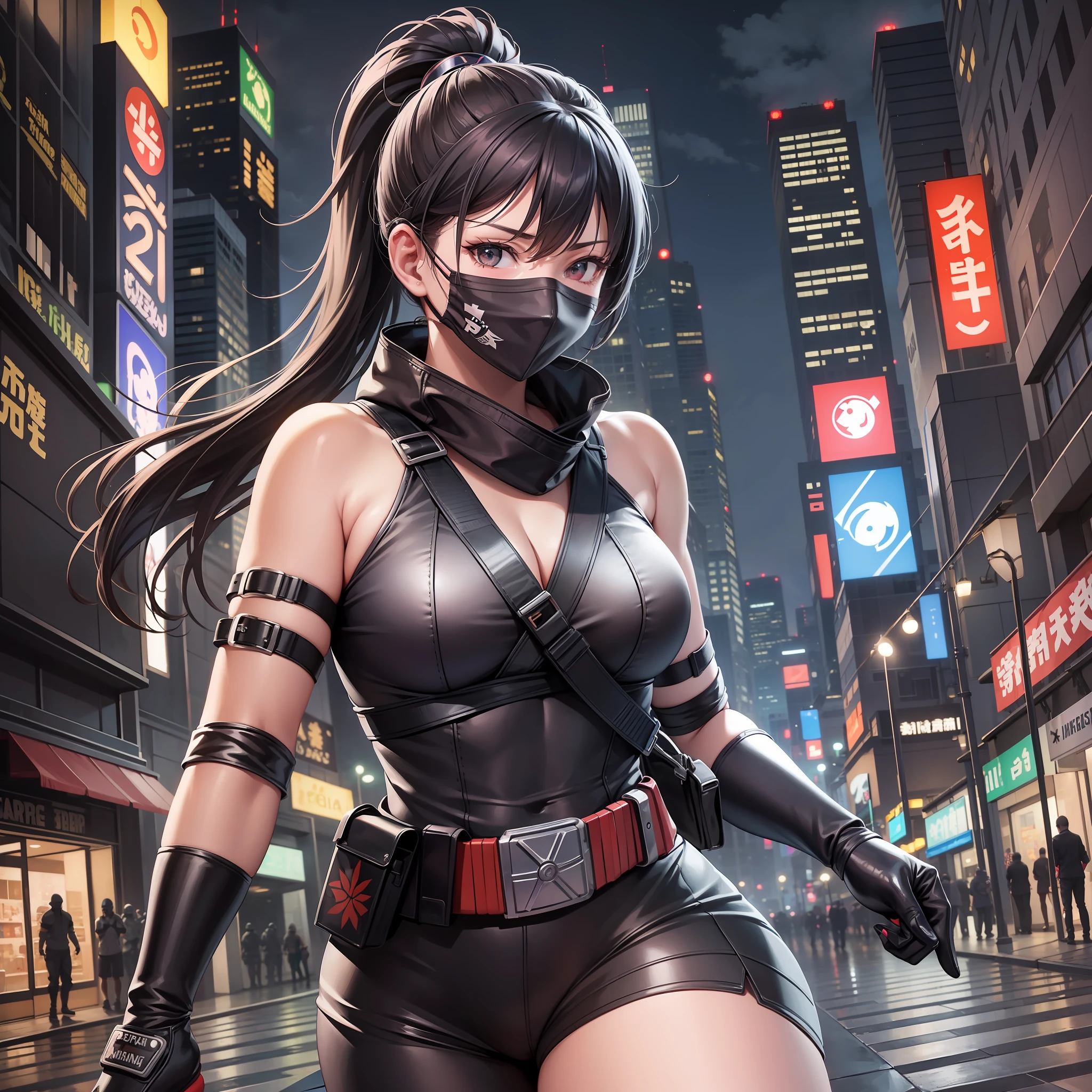 masterpiece, best quality, realistic, ultra detailed, sfw, 1girl, ninja sneaks past a guard at night, ninja outfit, mask, spotlight