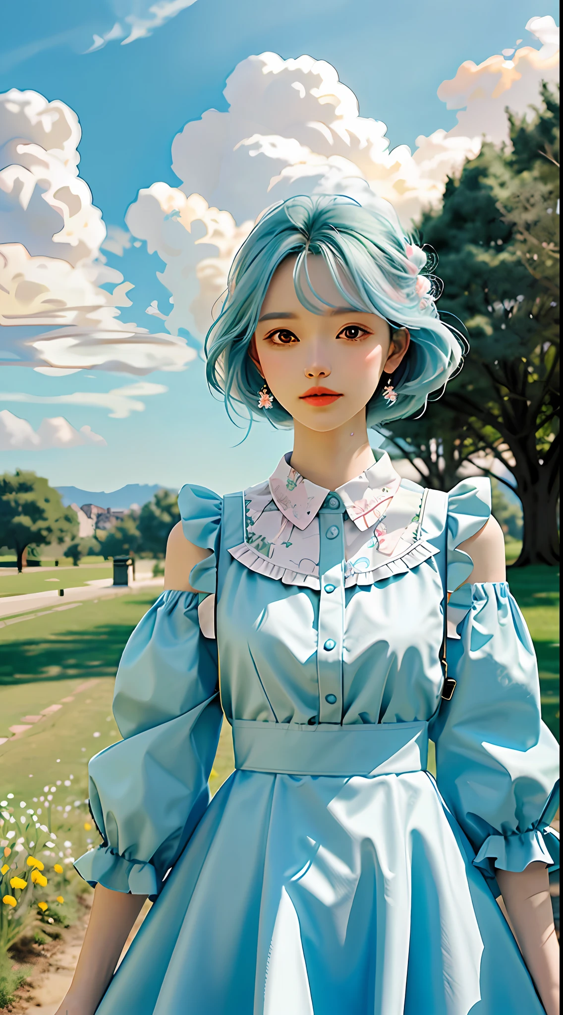 masterpiece, best quality, spring outfit, colorful hair, outdoor,cloud ,upper body,