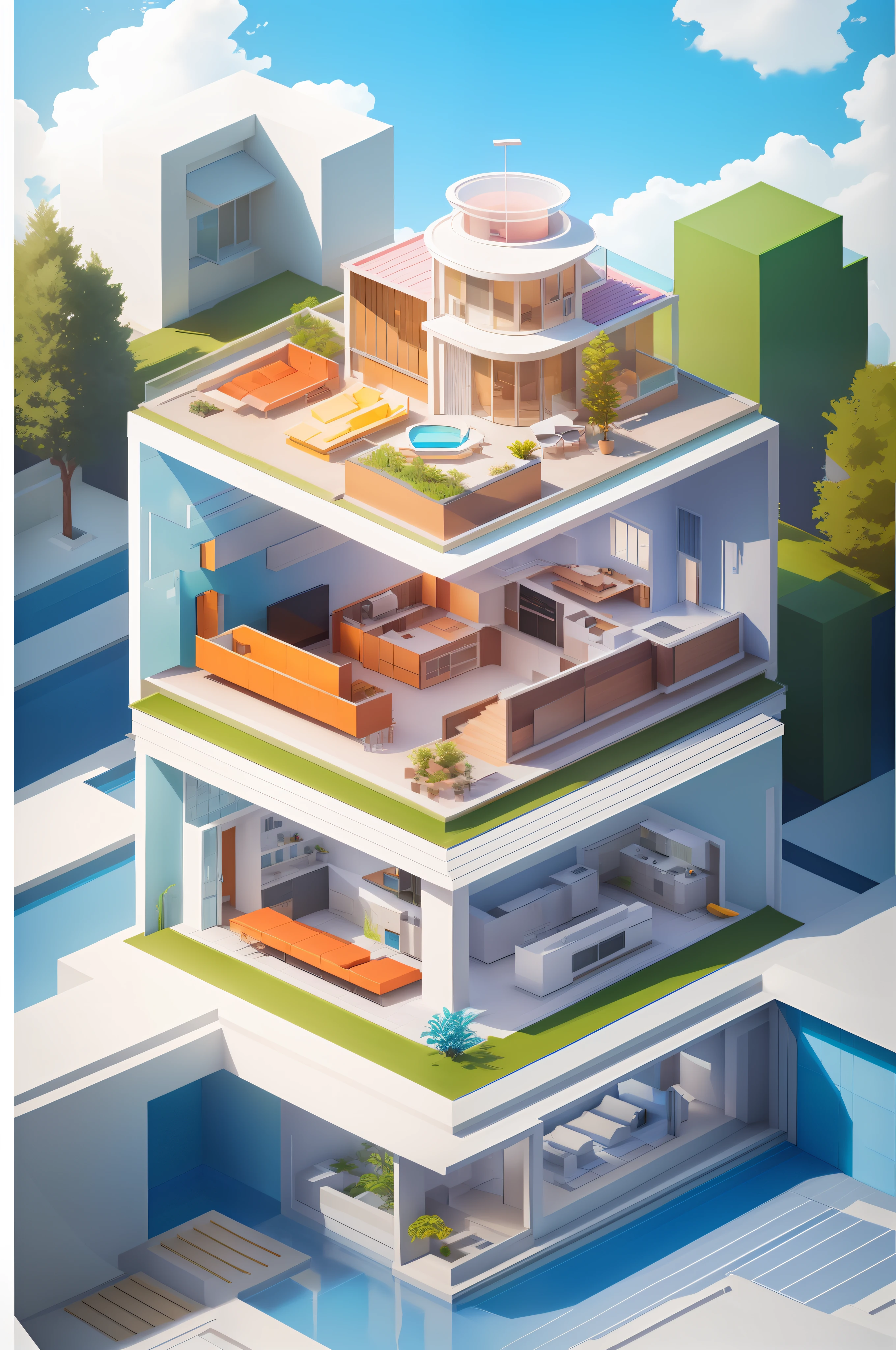 illustration of a modern house with a pool and a terrace, isometric 8k, isometric 3d render, isometric house, isometric illustration, incredible isometric screenshot, isometric illustration fun, isometric style, isometric invironment, isometric art, prerendered isometric graphics, stylized 3d render, very detailed isometric