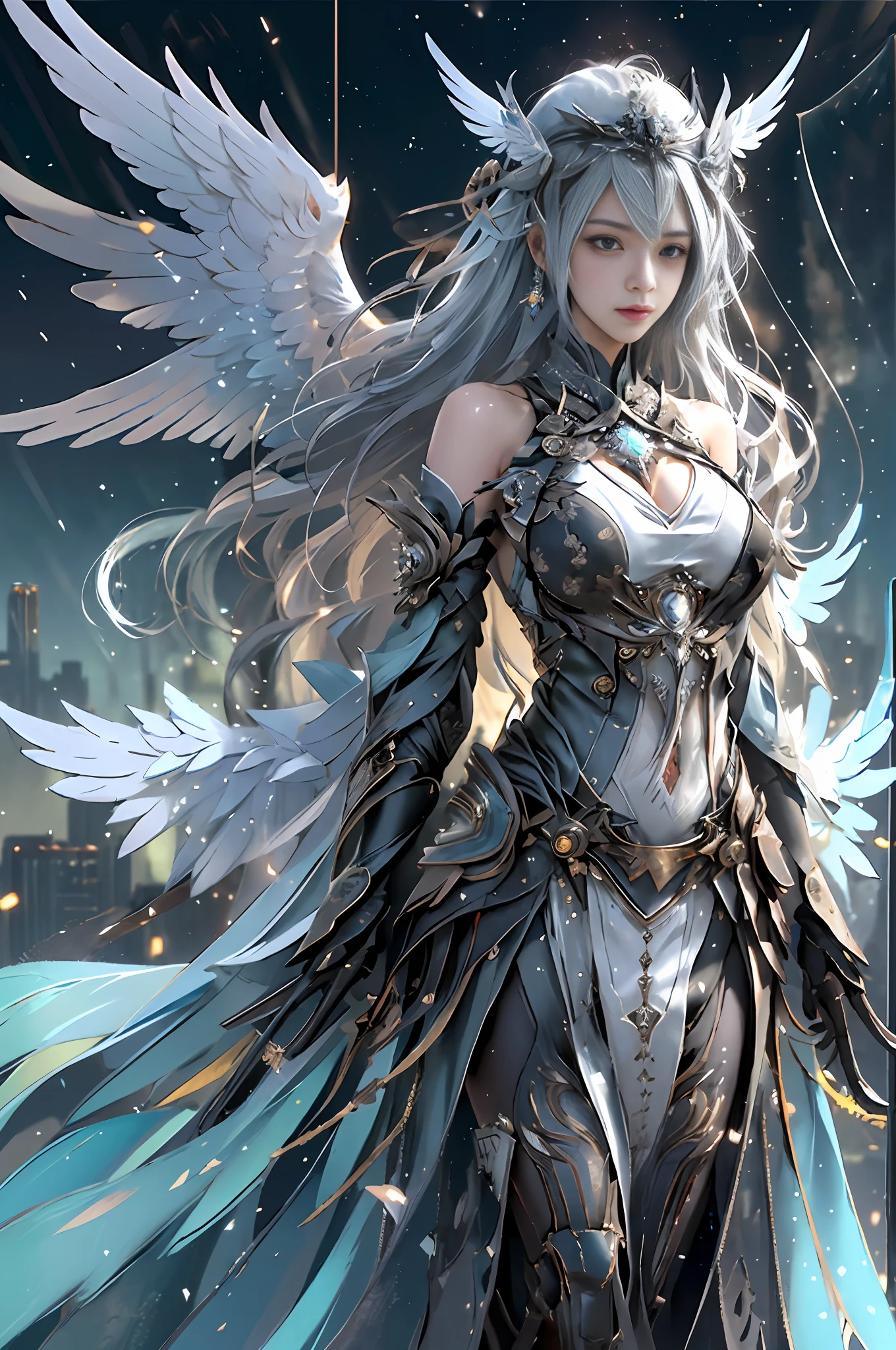 Best illustrations, realistic details and details
break
1 girl, beautiful, seductive face, detailed skin, long hair, navel, detached sleeves, bare shoulders, middle opening, cleavage, middle breast, hair clip, hair ornament, thigh height, leotard, full body, watch viewer (six-winged angel: 1.4),
break
On a rooftop overlooking futuristic cityscape, starry sky and dark environment
break
Shattering glass with fractal particle effect, volumetric fog on the horizon, levitation, emotional and powerful atmosphere, gears of machinery
break
Aerial perspective, detailed background, third law, sharp focus, depth of field
break
Kuan, NEP costume,