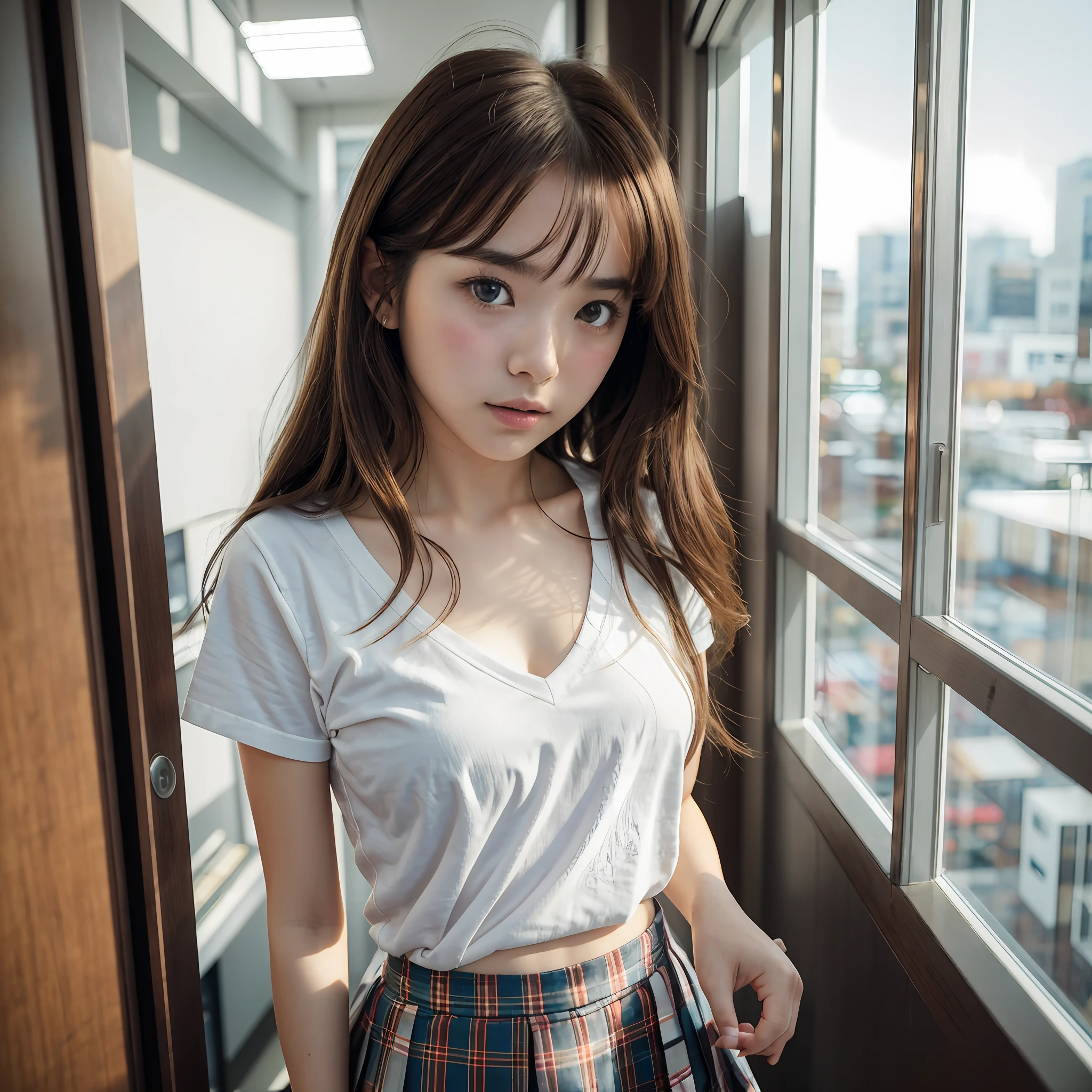 ((Best quality, 8k, Masterpiece: 1.3)), Sharp focus: 1.2, 1 AKB48 girl, beautiful face girl, cute face, age 28, small breasts, flat chest, short messy hair, standing, UNIQLO casual clothes, skirt, office, sunlight, dramatic angle, kindness, cinematic lighting, (8k, masterpiece, best quality, raw photo)