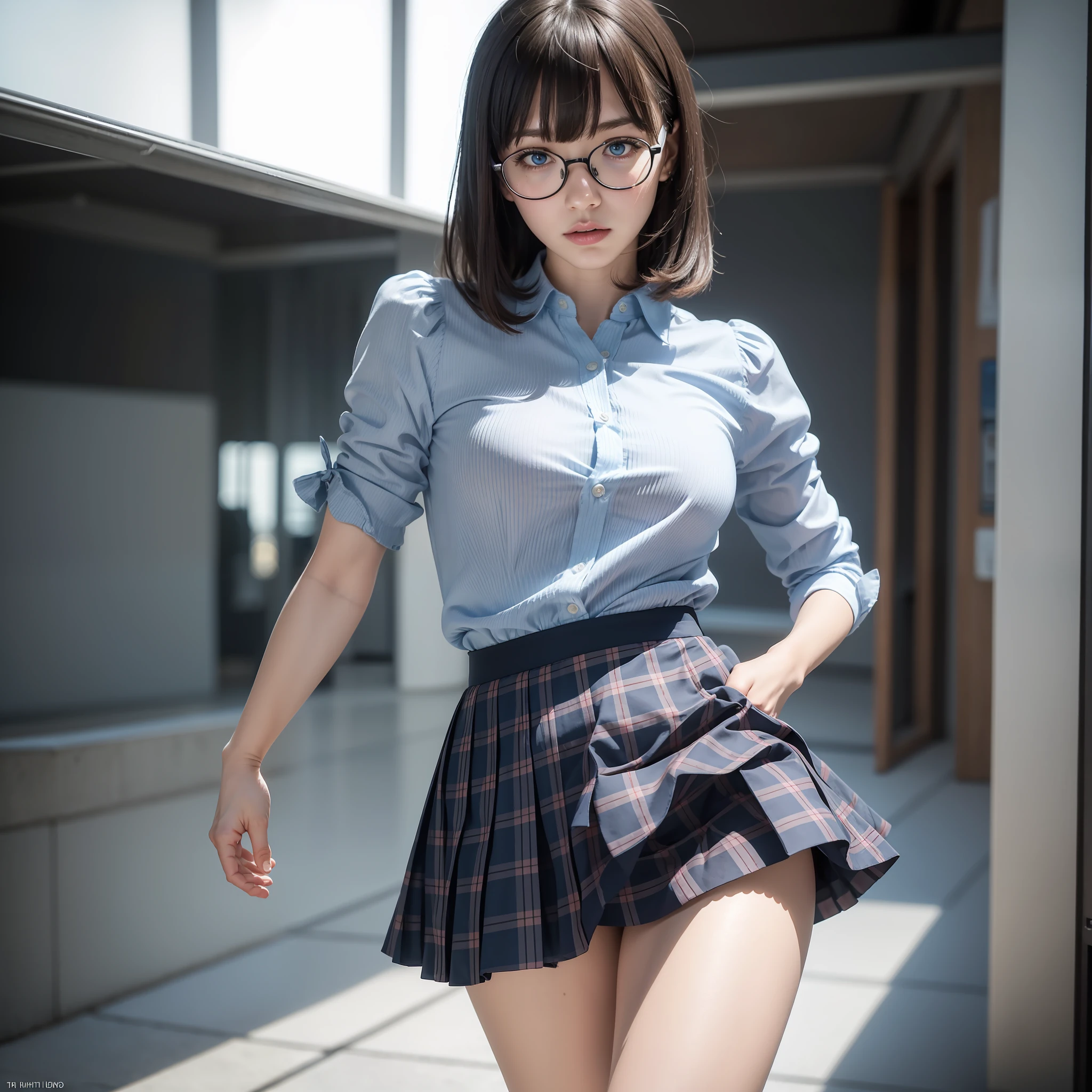 Alone, Solo,(8K, RAW photo, best quality, masterpiece: 1.2),Office lady,,Erotic,Short hair,Glasses,Russian woman,Standing,Tight eyes,Thin,Crunchy,Angry,Small,Flat breasts (Realistic, Photorealistic:1.37), Best Quality, Ultra High Resolution, Photon Mapping, Radiosity, Physically Based Rendering, Blurred, Foreground, depth of field, blurry background, photo_\(medium), motion blur, girl, (full) body), long legs, slender legs, medium hair, bangs, (bangs visible), hair_ornament, lips, blue_eyes, nosesoft, china, light blue shirt, navy blue and blue and white plaid pleated skirt, sheer clothing, black loafers, thigh, black cotton socks,