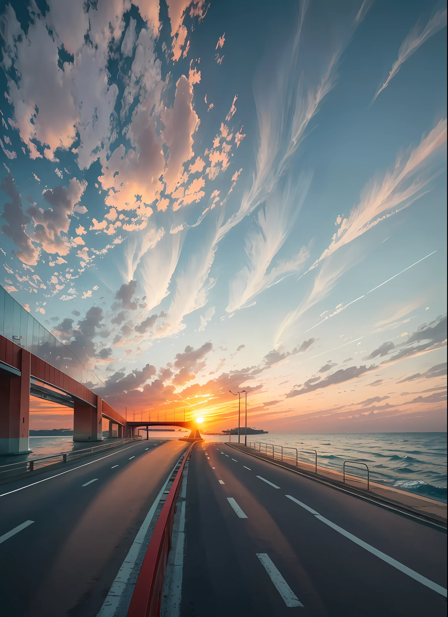 In summer, in the evening, the sunset shines on the seashore, the sunset, the sky is red, a few clouds, a car drives on the cross-sea bridge, empty and pleasant --auto --s2